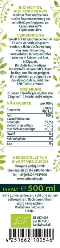 Bio MCT-Öl - C8 + C10 - 500 ml - von Unimedica