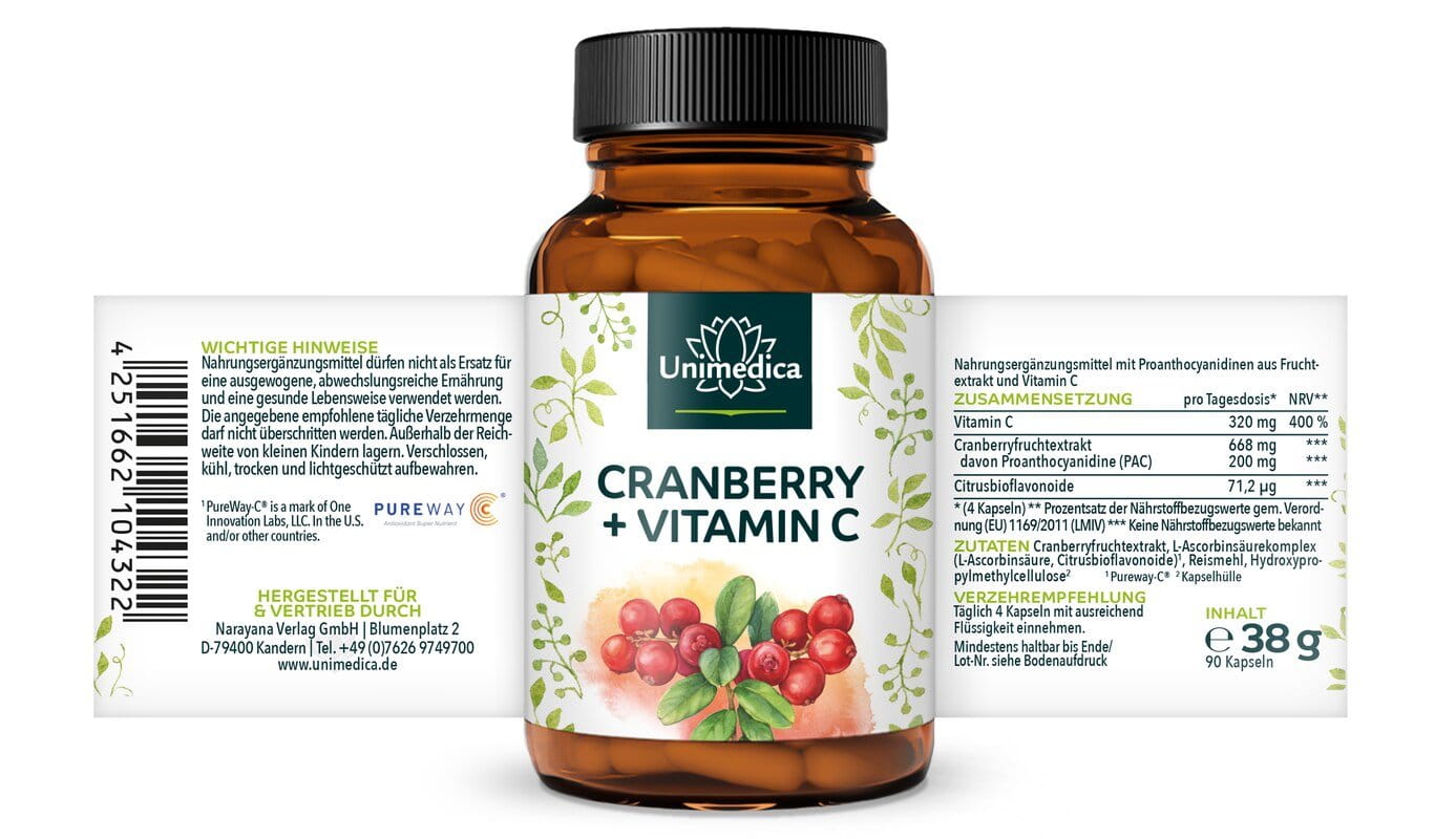 Cranberry Extrakt - 668 mg pro Tagesdosis (4 Kapseln) - mit Vitamin C - 90 Kapseln - von Unimedica