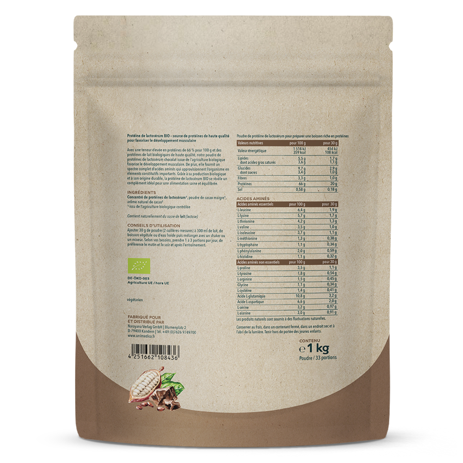 Bio Whey Protein - Chocolat - 67 % de protéines - 1 kg - par Unimedica