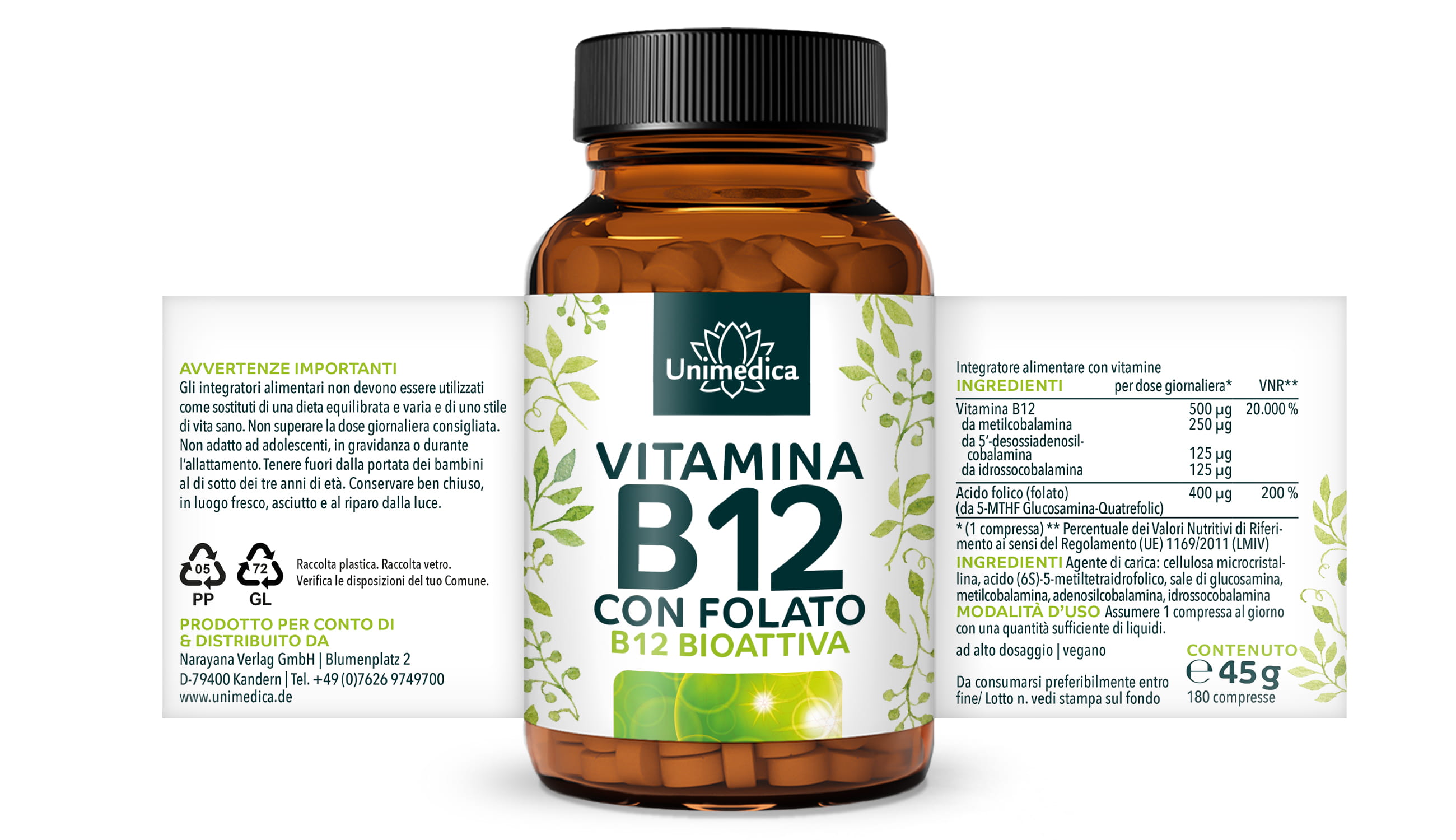 Vitamina B12 con folato - 500 µg B12 e 400 µg folato per dose giornaliera (1 compressa) - 180 compresse