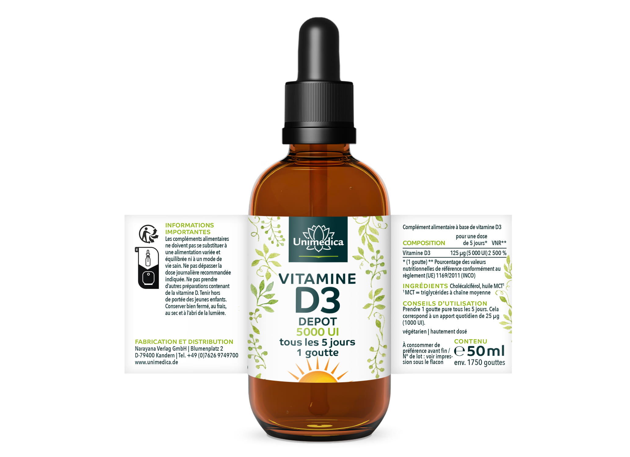 Gouttes de vitamines D3 - 5000 UI  125 µg par dose tous les 5 jours (1 goutte) - hautement dosé - 50 ml - par Unimedica