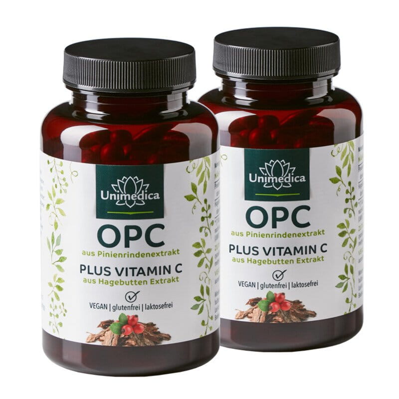 2er-Sparset: OPC Pinienrinden Extrakt + Vitamin C - 500 mg Pinienrinden-Extrakt pro Tagesdosis (1 Kapsel) - davon 475 mg OPC - 2 x 120 Kapseln - von Unimedica