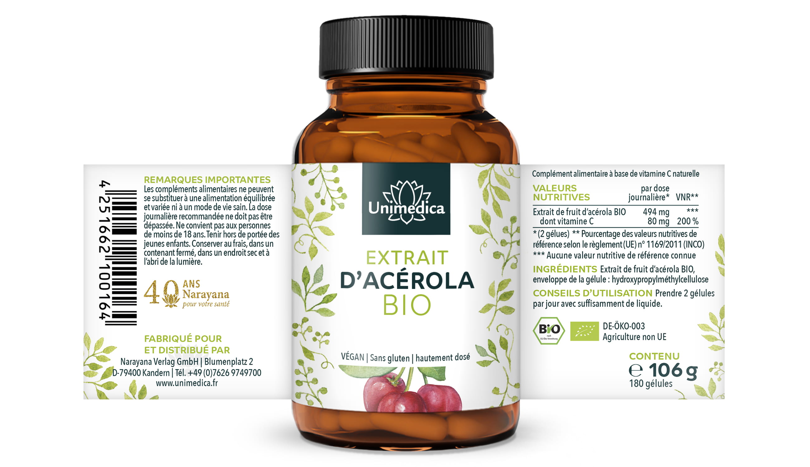 Lot de 2: Extrait d'acérola bio - 2 x 180 gélules - Unimedica