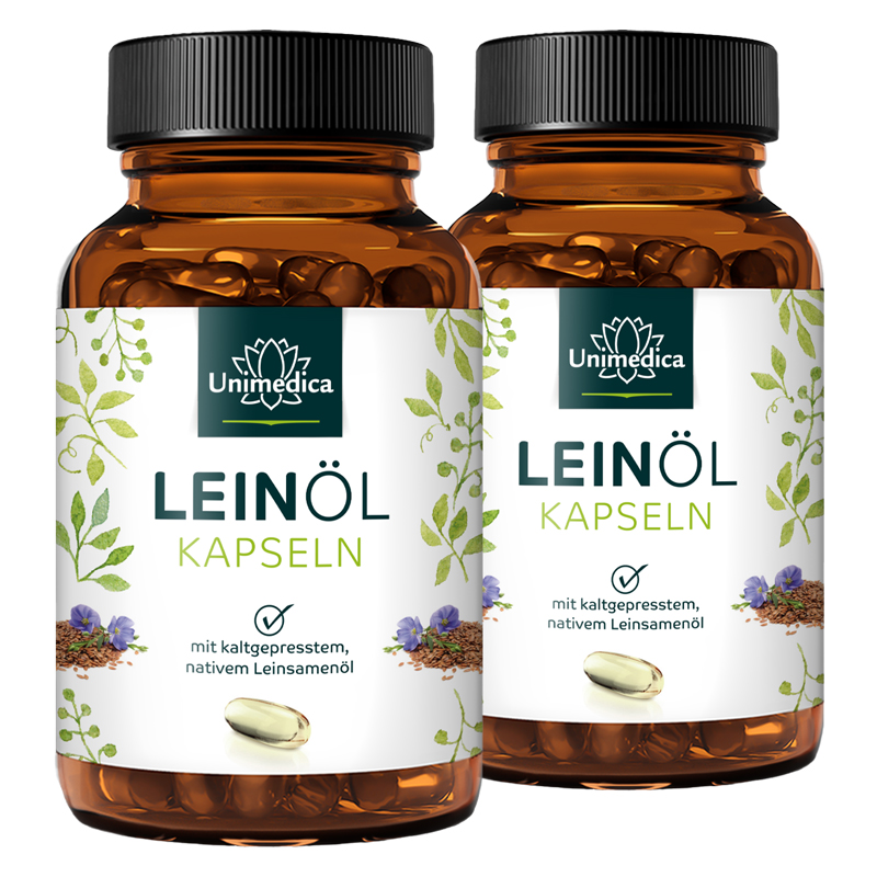 2er-Sparset: Leinöl mit pflanzlichen Omega Fettsäuren 3-6-9 - 1.000 mg pro Tagesdosis (1 Kapsel) - 2 x 120 Softgelkapseln - von Unimedica