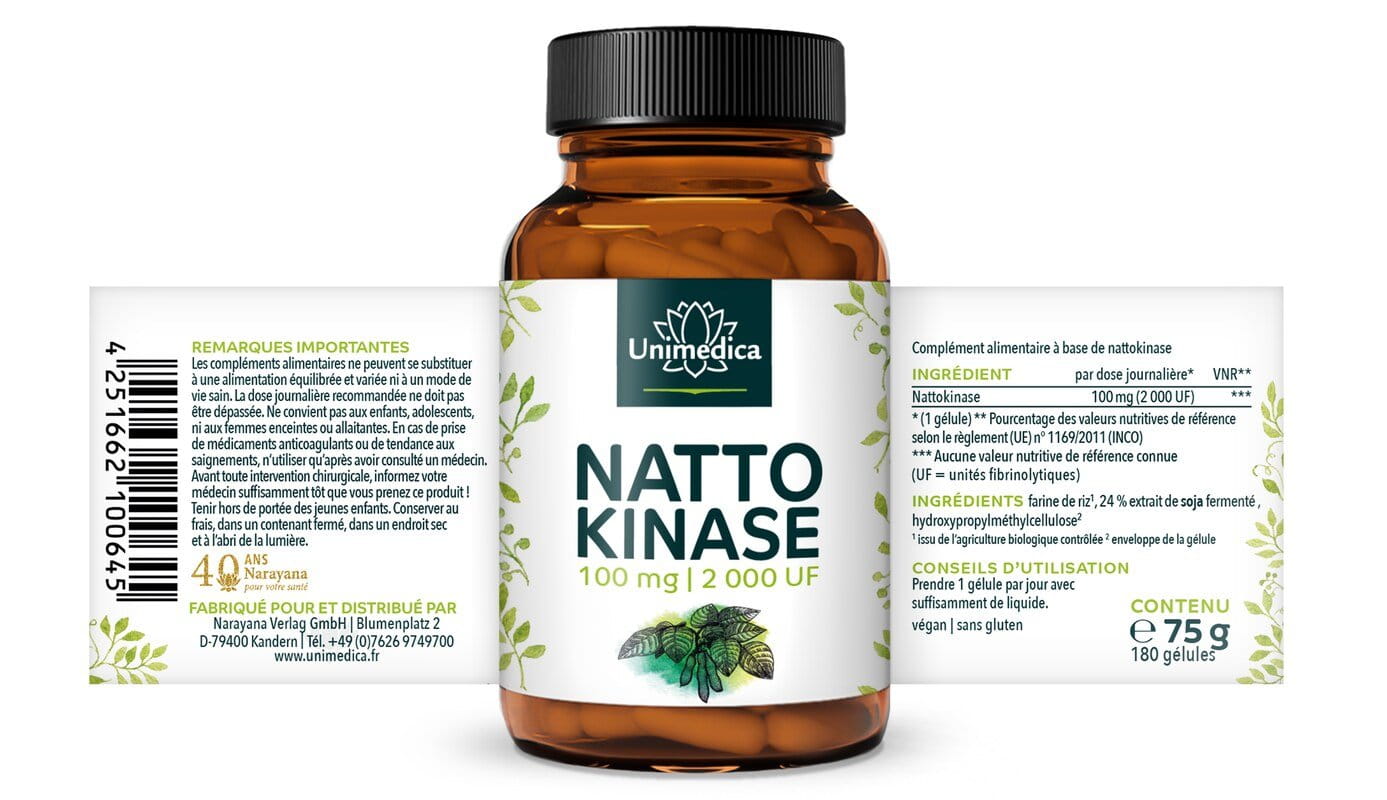 Lot de 2: Nattokinase - 100 mg / 2 000 FU hautement dosée - 2 x 180 gélules - par Unimedica