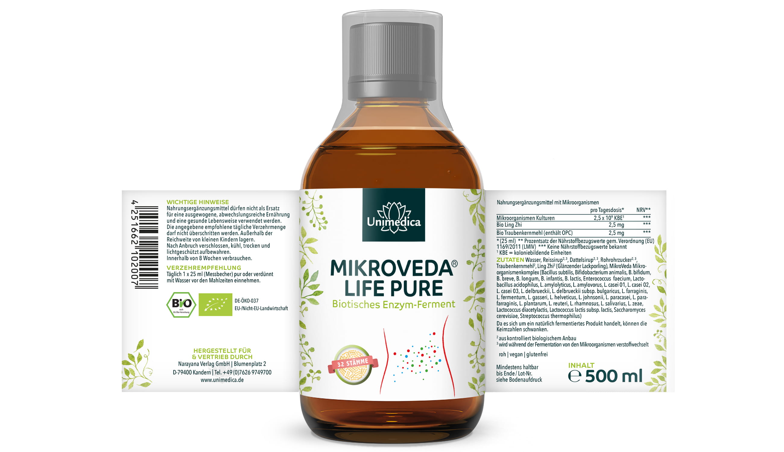 MikroVeda (R) Life Pure - Biotisches Enzym-Ferment - Bioqualität - 32 Bakterienstämme - lebendiger Mikroorganismenkomplex - natürlich symbiotisiert - 500 ml - von Unimedica