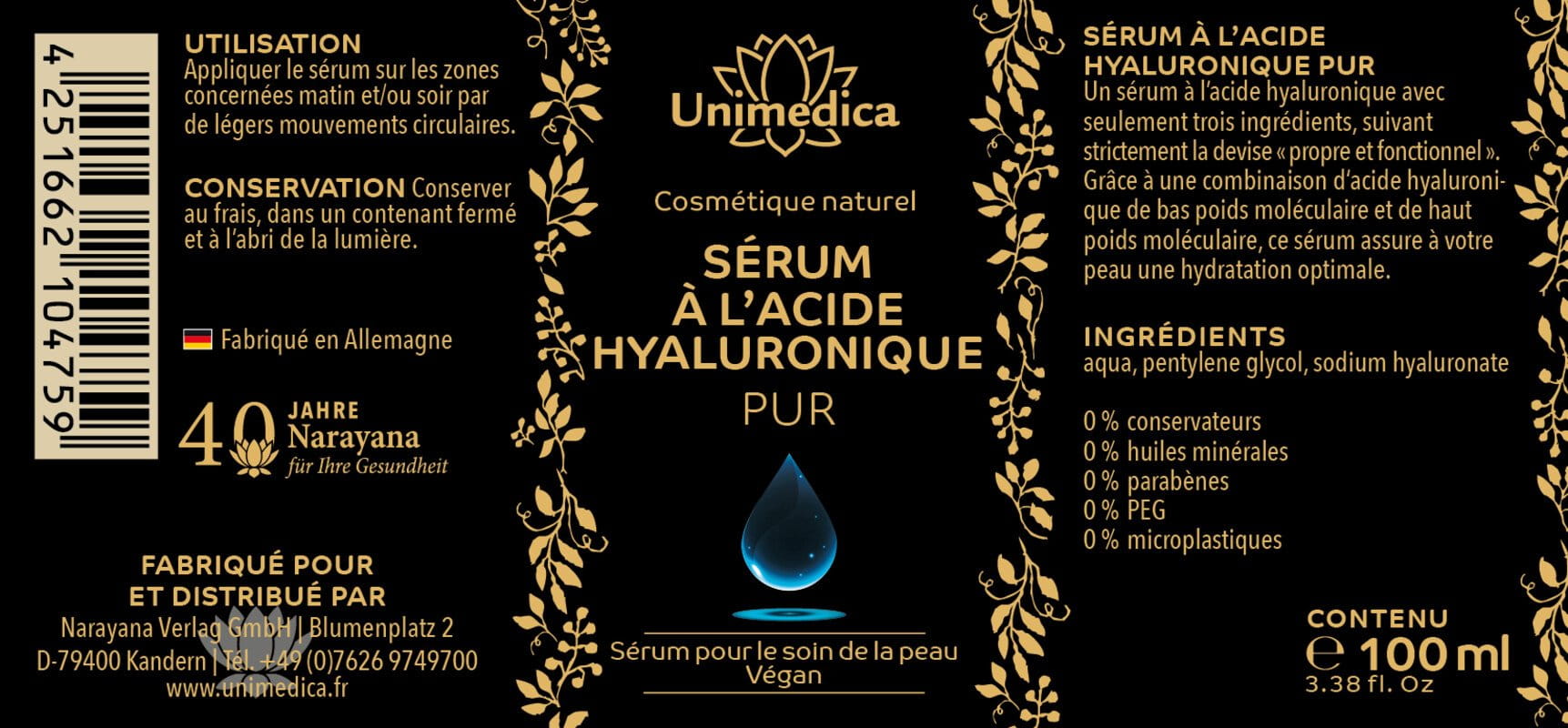 Sérum hyaluronique pur  hautement dosé - 100 ml - par Unimedica
