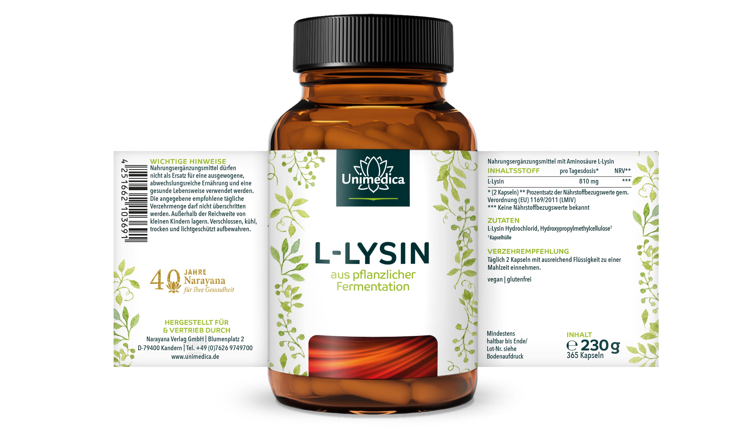 L-Lysin - 810 mg L-Lysin pro Tagesdosis (2 Kapseln) - 365 Kapseln - von Unimedica