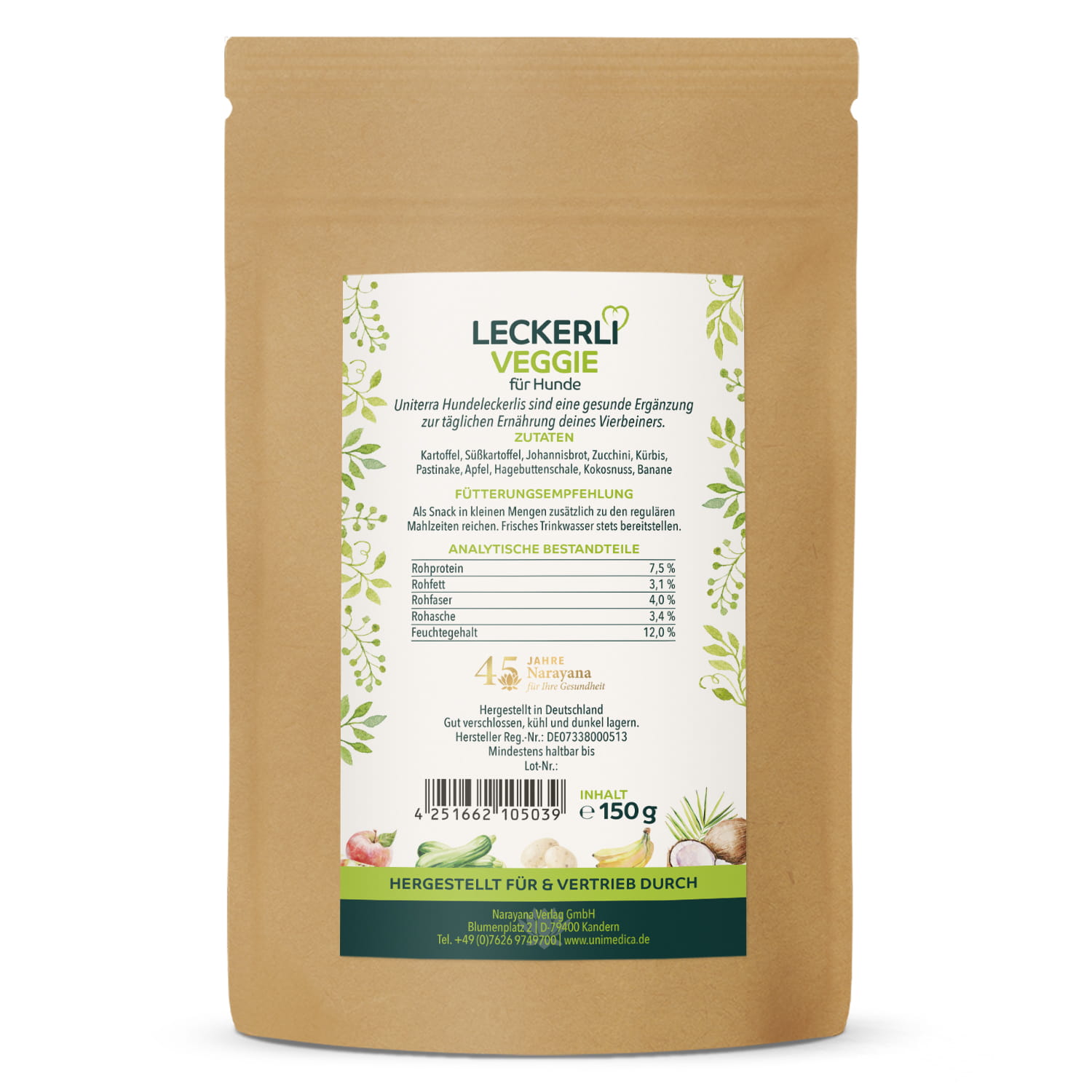 Leckerli Veggie für Hunde - natürliche Hundesnacks mit 100 % Obst und Gemüse - 150 g - Ergänzungsfuttermittel - von Uniterra