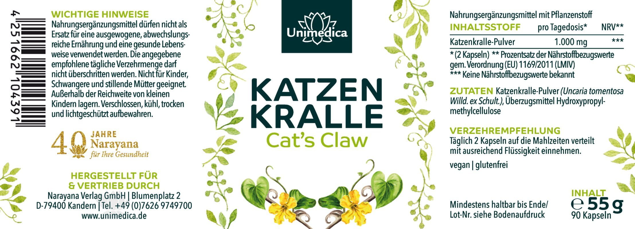 Katzenkralle - Cat´s Claw - 1000 mg pro Tagesdosis (2 Kapseln) - 90 Kapseln - von Unimedica