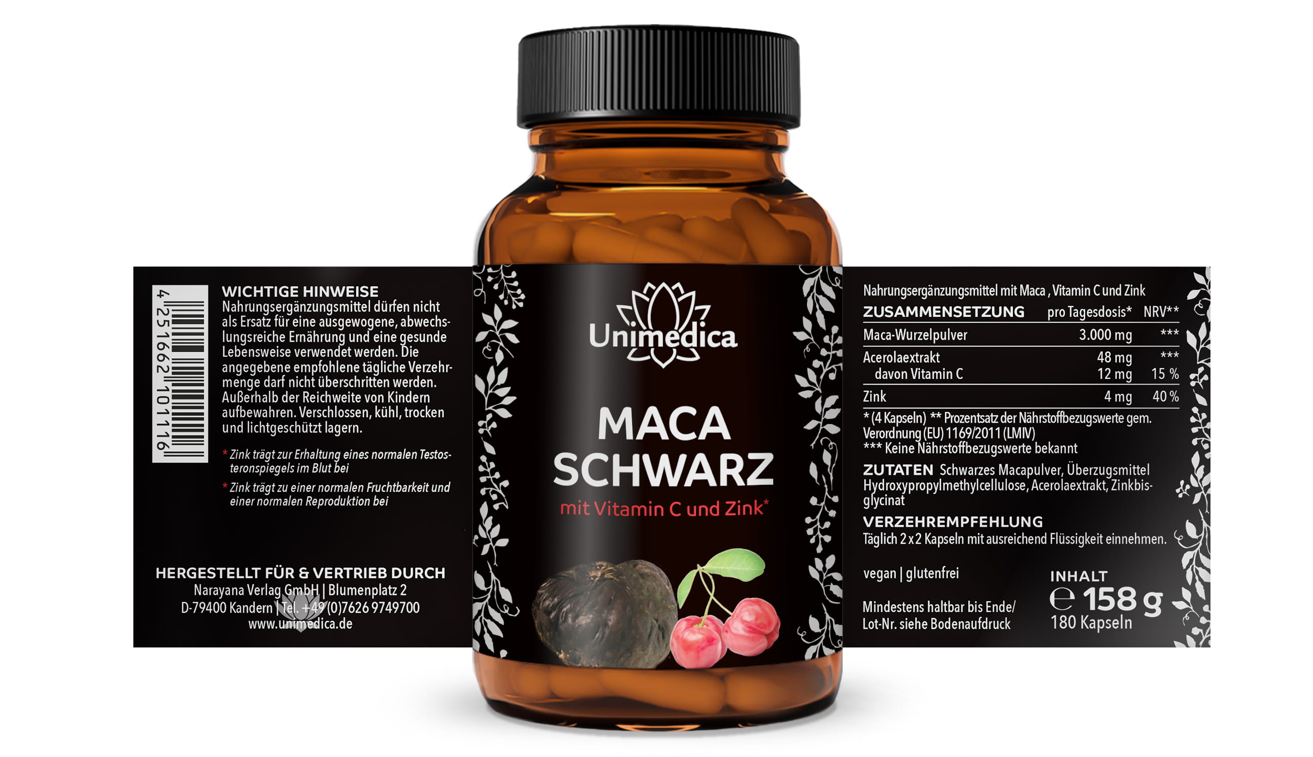 Schwarzes Maca mit Vitamin C aus Acerola und Zink - 3.000 mg pro Tagesdosis (4 Kapseln) - 180 Kapseln - von Unimedica