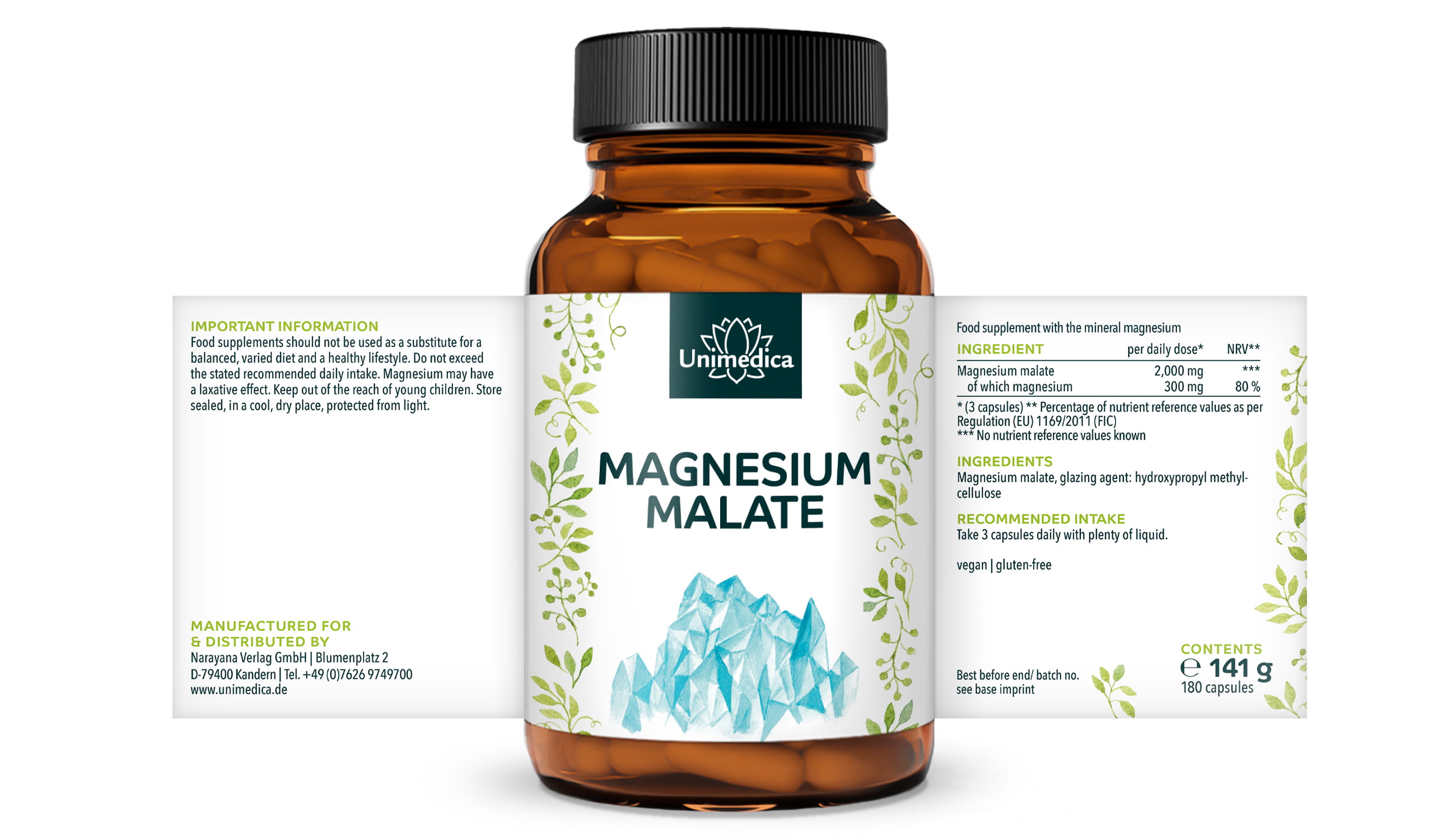 Magnesium Malate - 300 mg magnesium per daily dose (3 capsules) - 180 capsules - from Unimedica