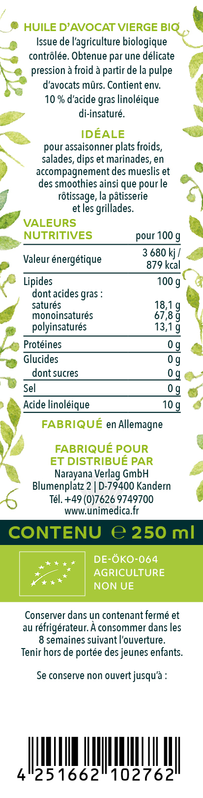 Huile d'avocat vierge BIO - 250 ml - par Unimedica