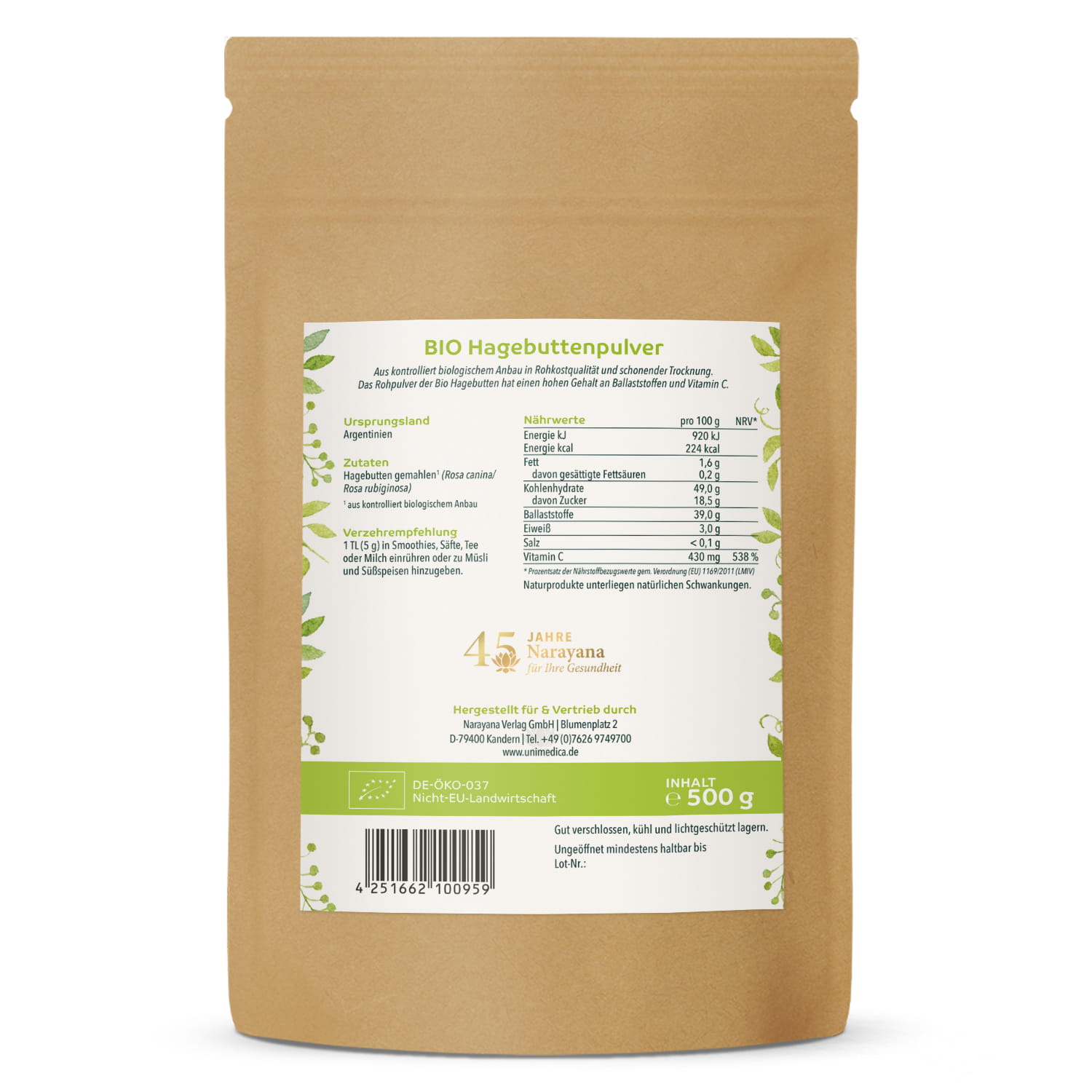 Bio Hagebuttenpulver - natürliches Vitamin C - ballaststoffreich - 500 g - von Unimedica