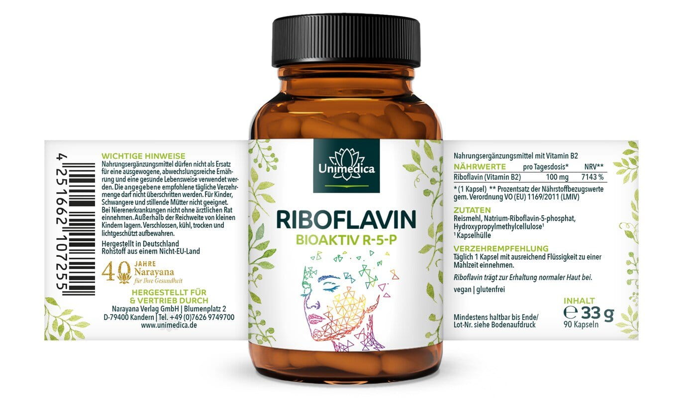 Riboflavin bioaktiv - Natrium-Riboflavin-5-phosphat (R-5-P) - 100 mg Vitamin B2 pro Tagesdosis (1 Kapsel) - 90 Kapseln - von Unimedica