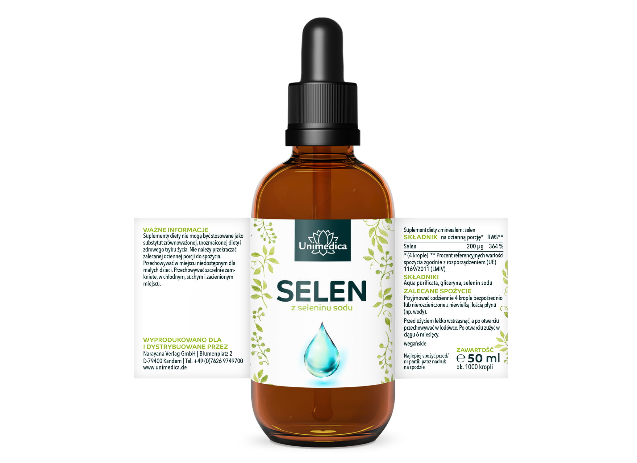 Krople selenu - 200 µg na dobę, wysoka dawka (4 krople) - z selenianu sodu - 50 ml - od Unimedica