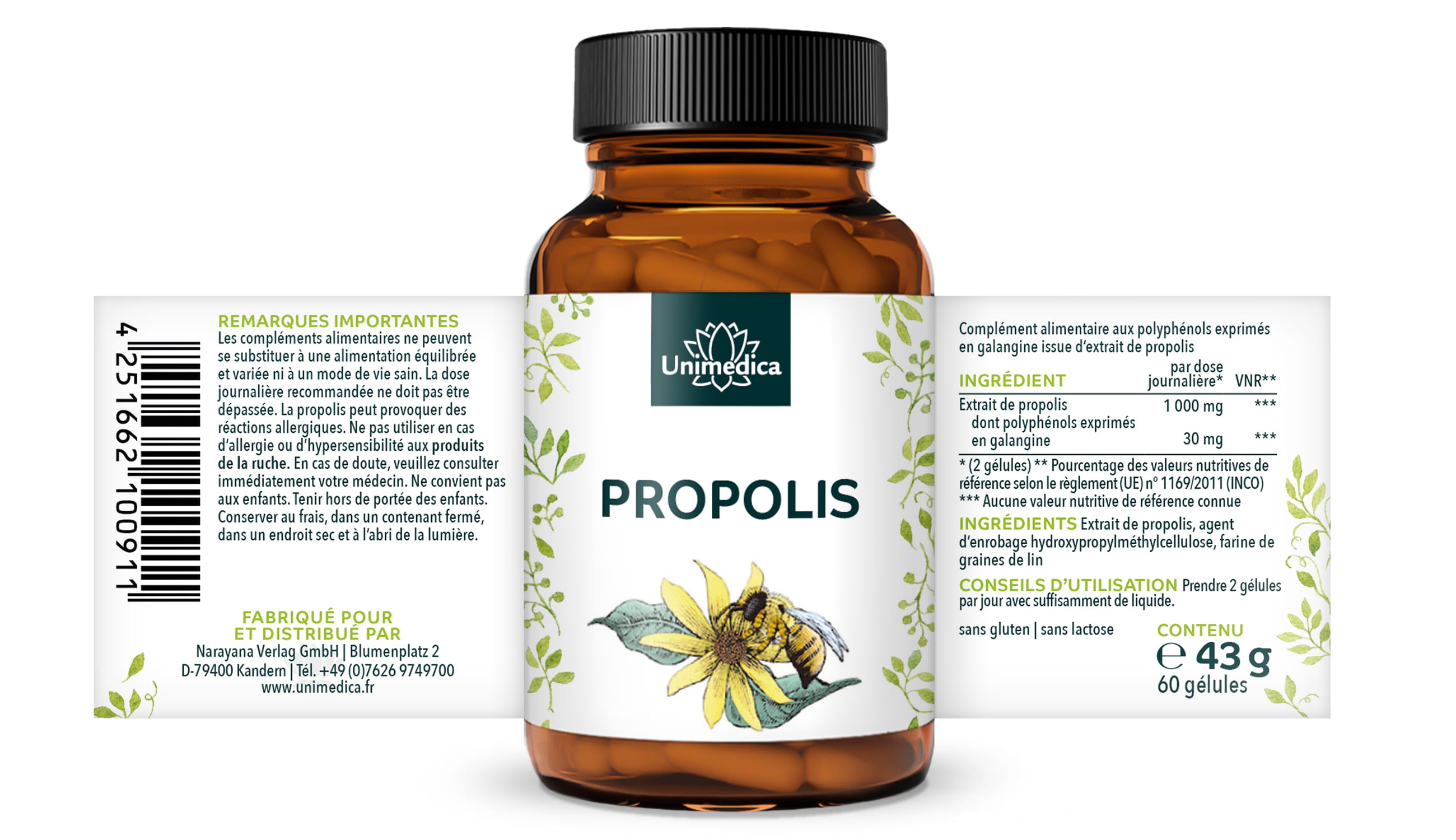 Gélules de propolis - 1 000 mg d'extrait de propolis par dose quotidienne (2 gélules) - 60 gélules - par Unimedica