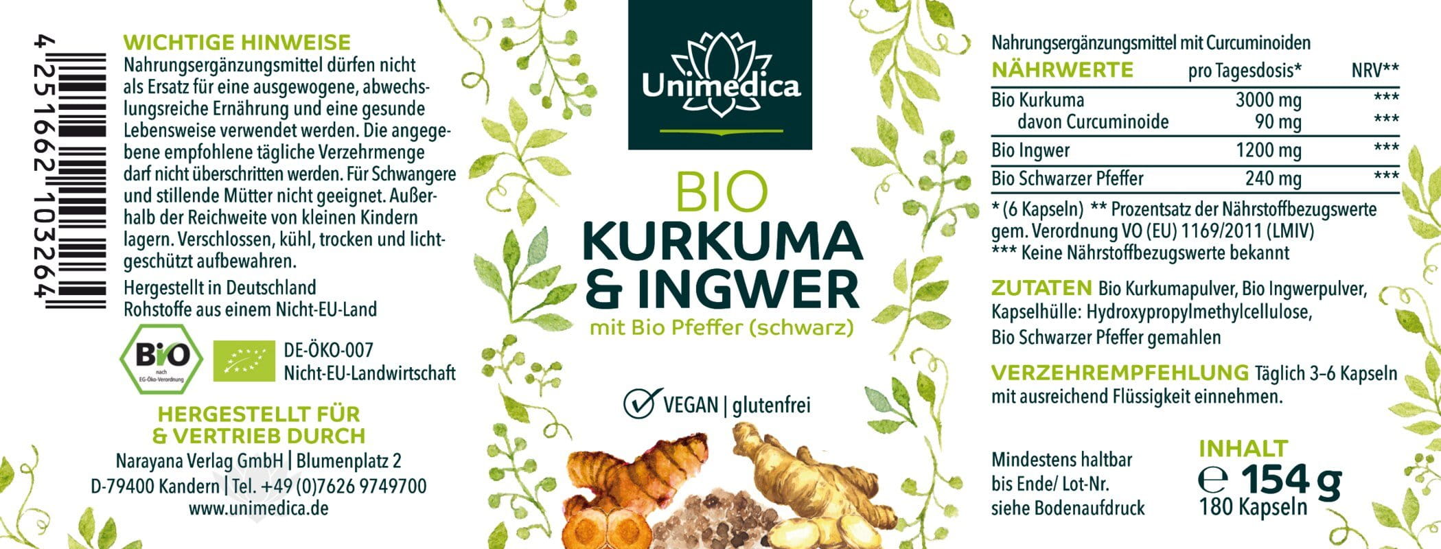 2er-Sparset: Bio Kurkuma & Ingwer mit Bio Pfeffer (schwarz) - 2 x 180 Kapseln - von Unimedica