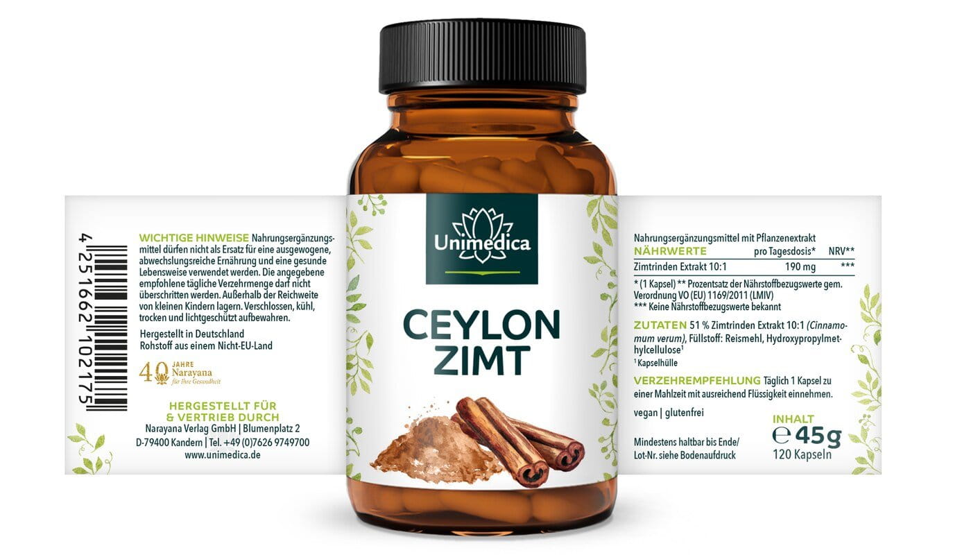 Ceylon Zimt Extrakt 10:1 - 190 mg pro Tagesdosis (1 Kapsel) - 120 Kapseln - von Unimedica