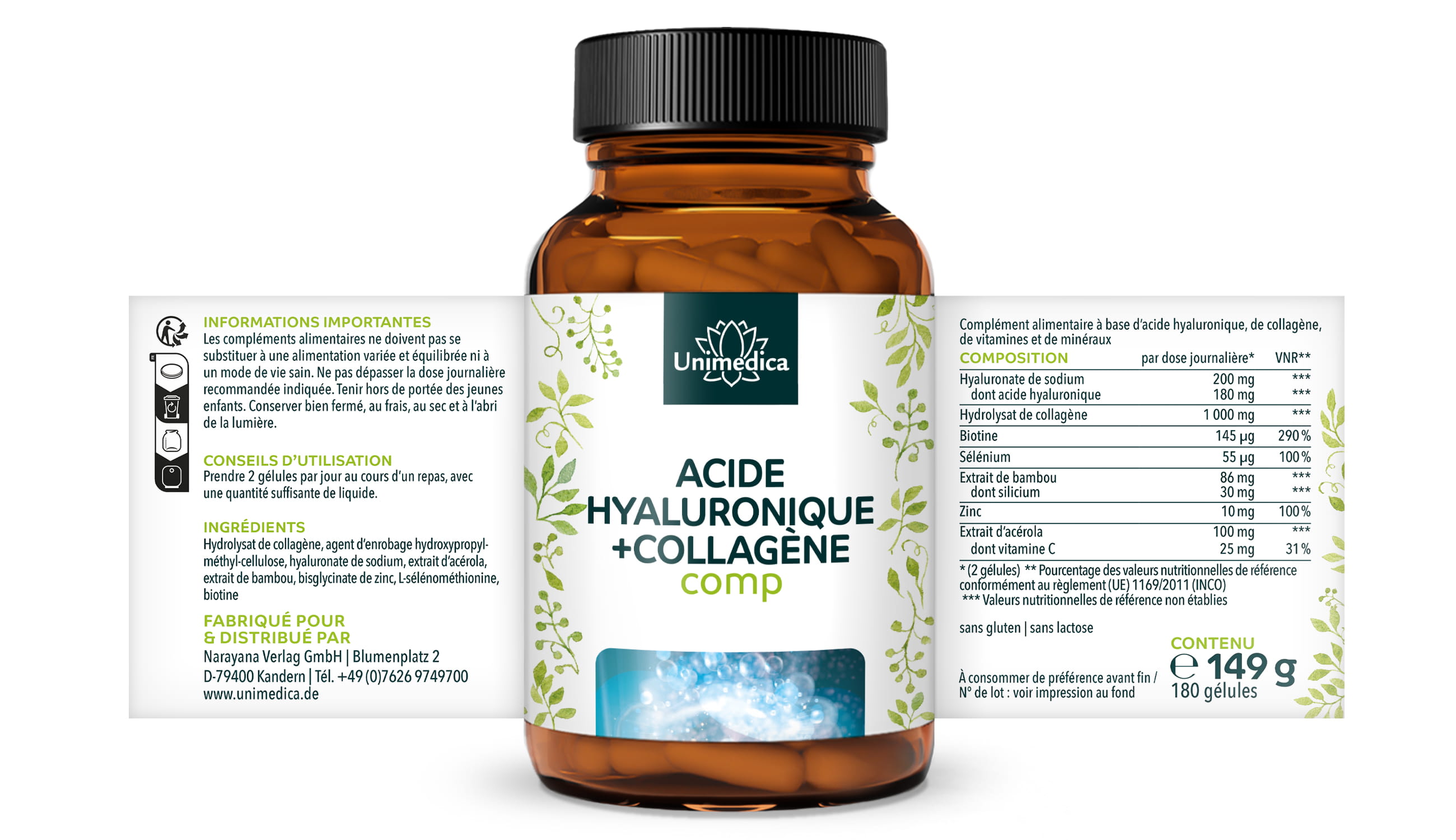 Acide hyaluronique + collagène comp.  silicium de bambou, avec vitamines et minéraux - 180 gélules - Unimedica
