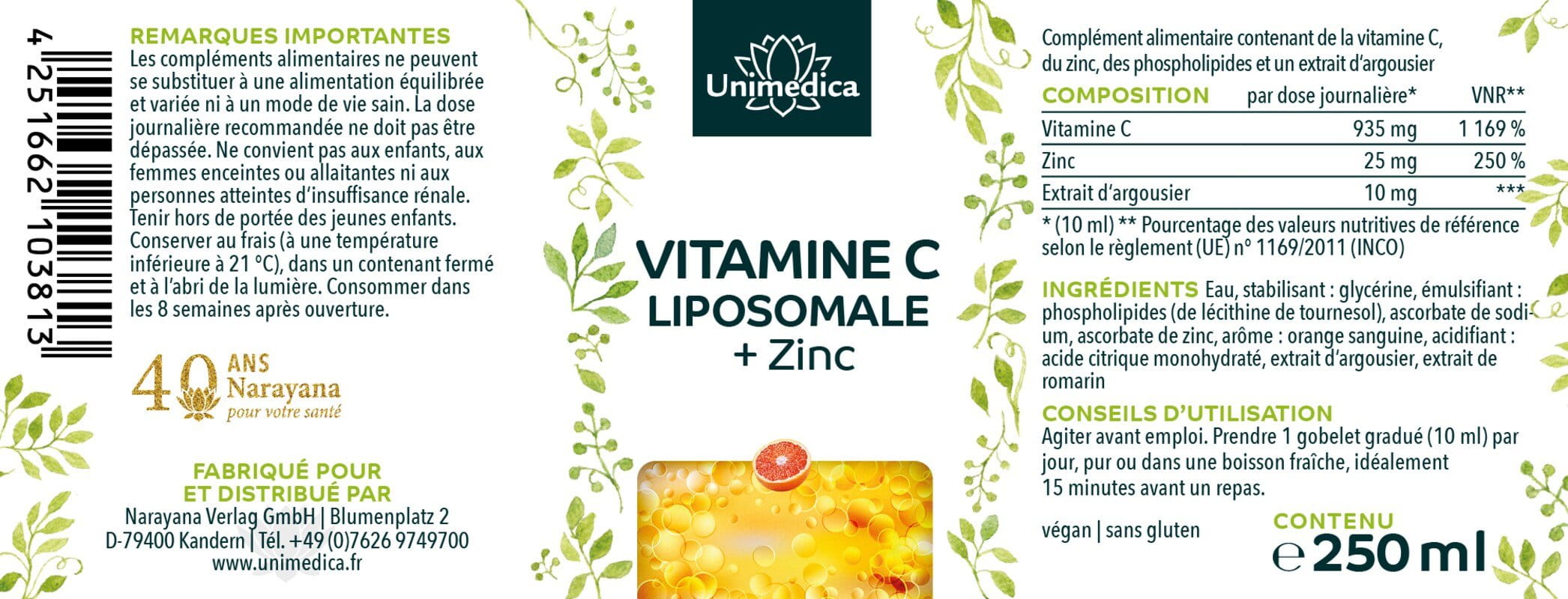 Vitamine C liposomale + zinc - 935 mg de vitamine C et 25 mg de zinc par dose quotidienne (10 ml) - 250 ml - par Unimedica
