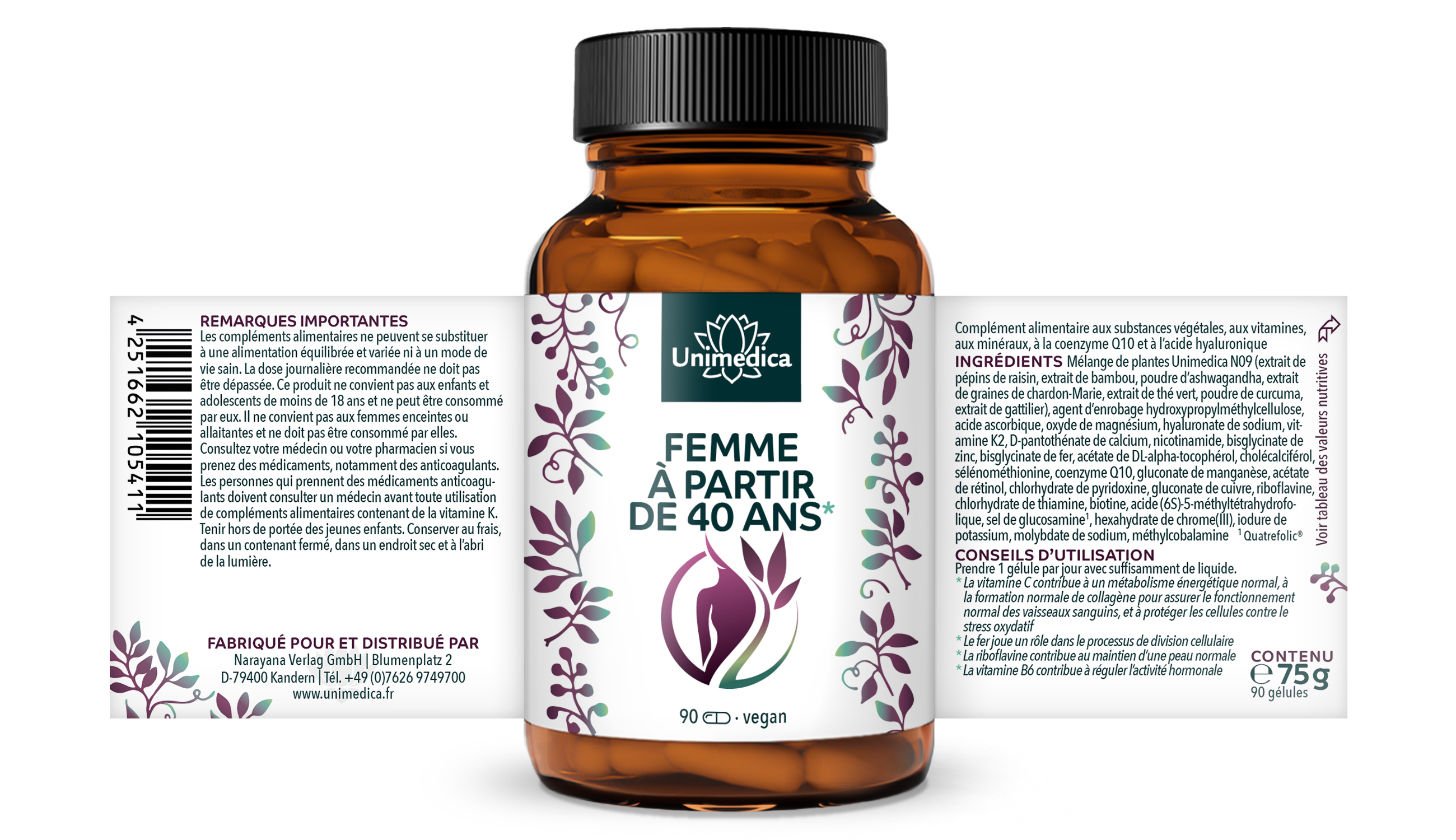 Lot de 2: Femme à partir de 40 ans* - à la coenzyme Q10, à l'acide hyaluronique et aux OPC - 2 x 90 gélules - par Unimedica