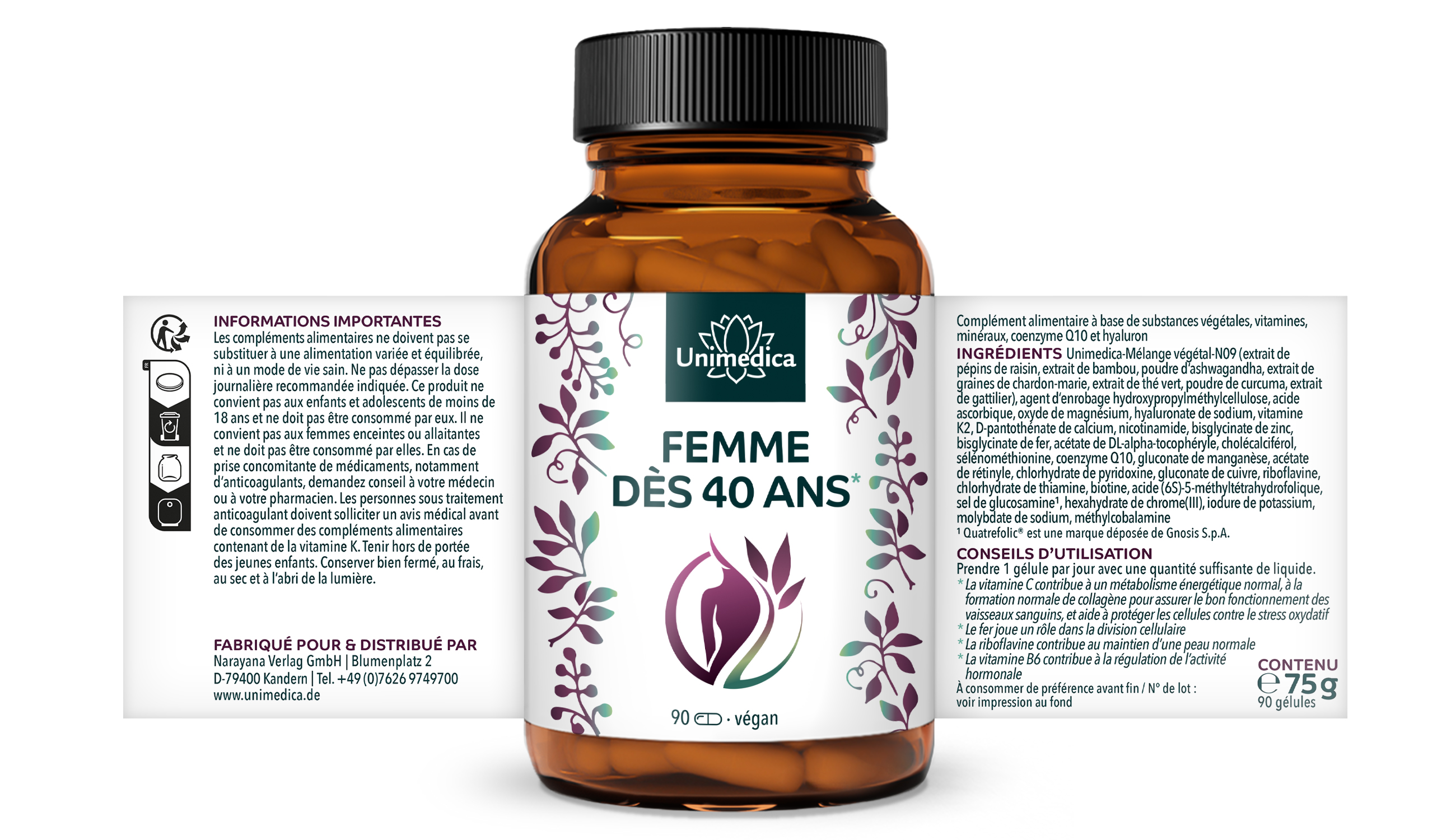 Femme à partir de 40 ans* - à la coenzyme Q10, à l'acide hyaluronique et aux OPC - 90 gélules - par Unimedica