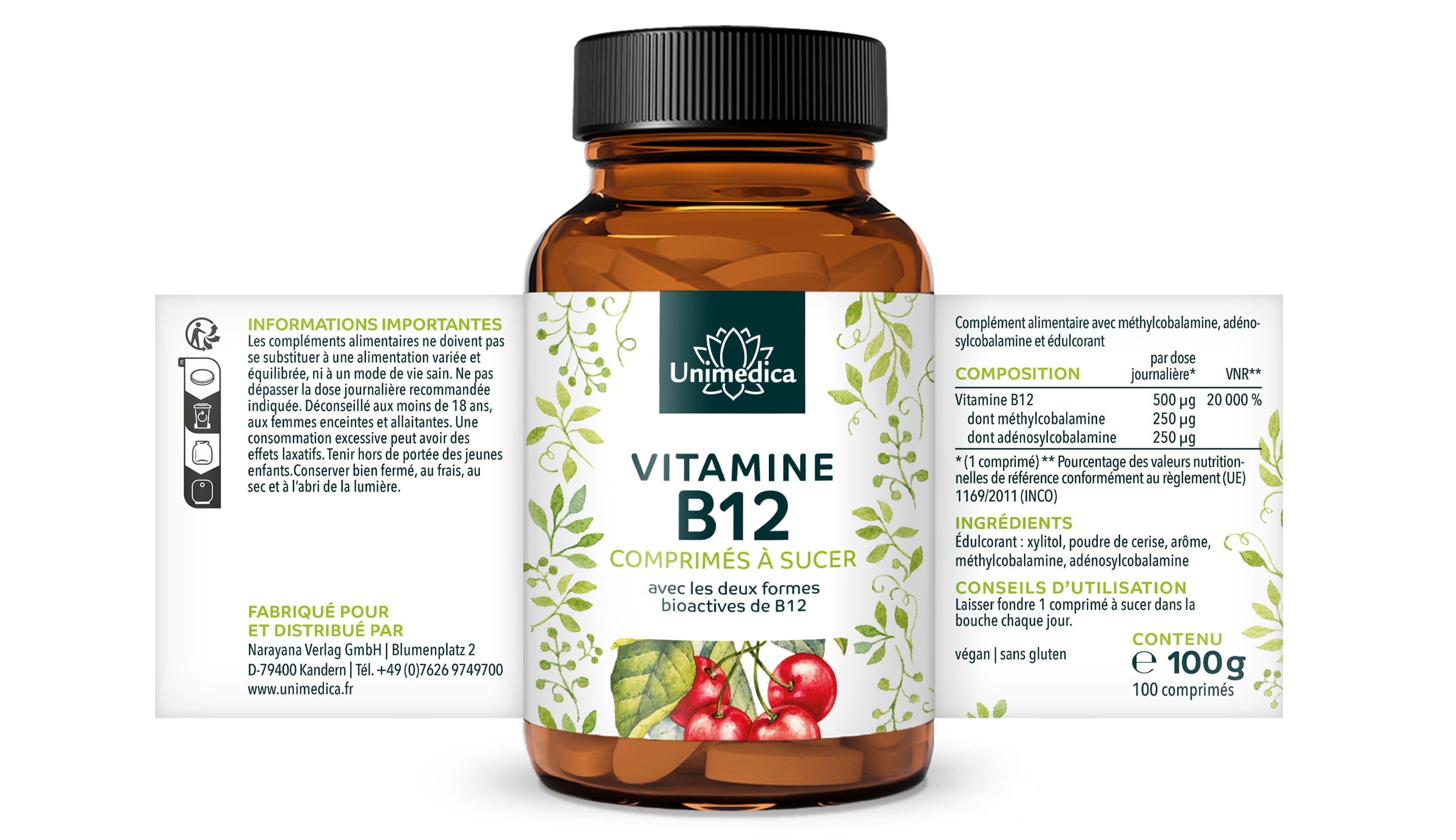 Pastilles de vitamine B12 - 100 comprimés à sucer - par dose journalière - Unimedica