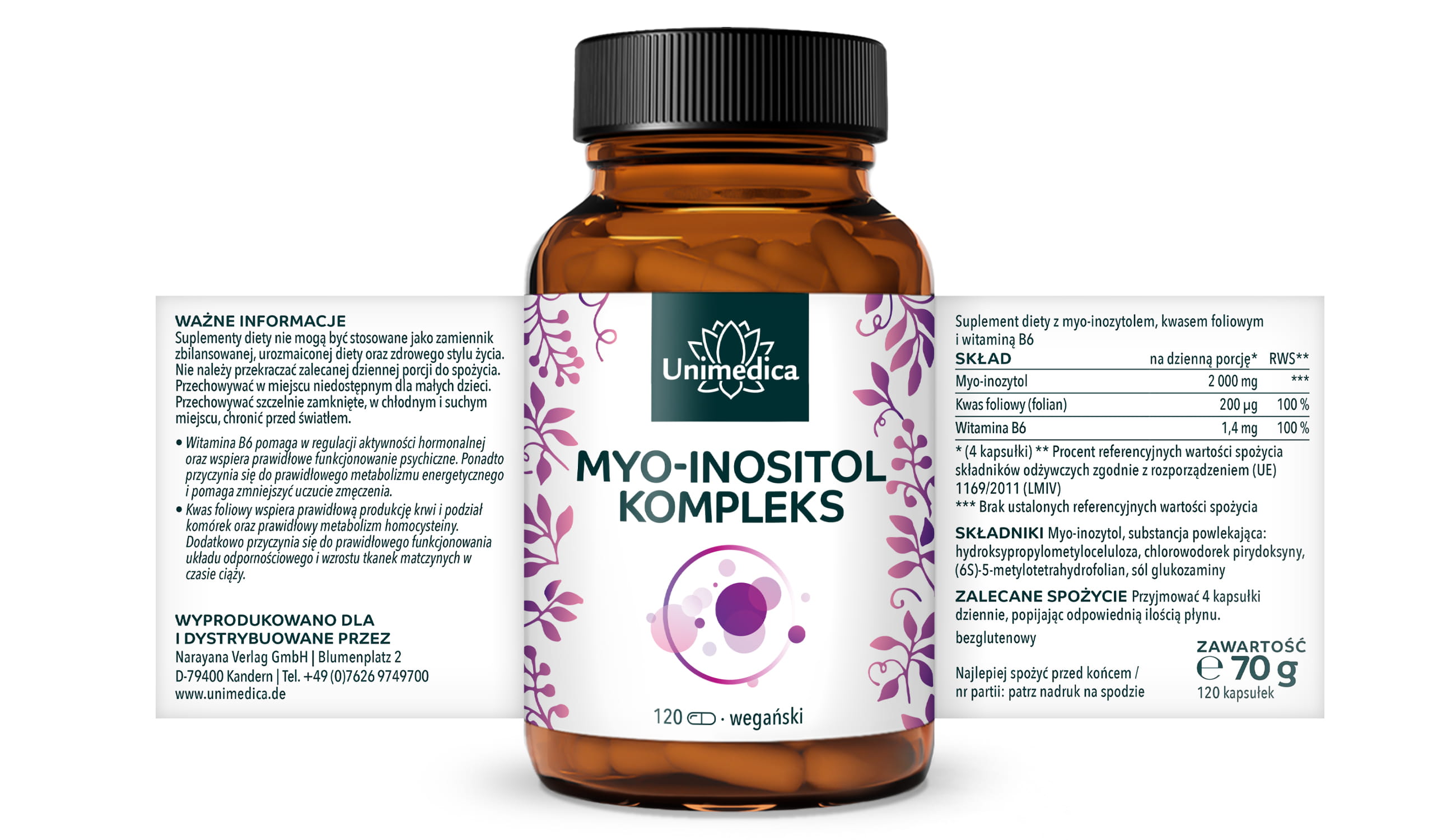 Kompleks myo-inozytolu - z kwasem foliowym i witaminą B6 - 120 kapsułek - od Unimedica
