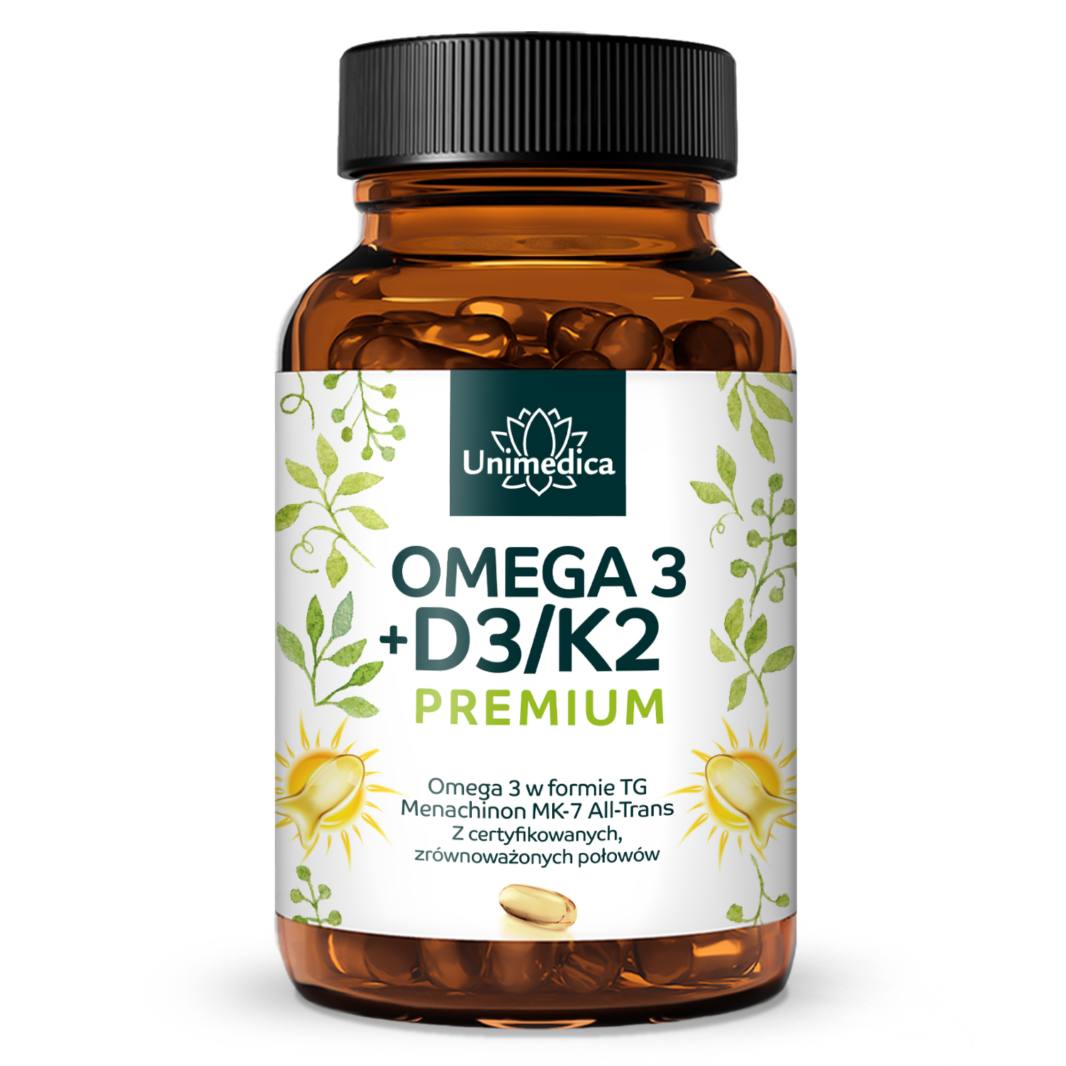 Witamina D3 + K2 MK-7 all-trans + Omega-3 - Premium - z zrównoważonego połowu ryb - 90 kapsułek miękkich - od Unimedica