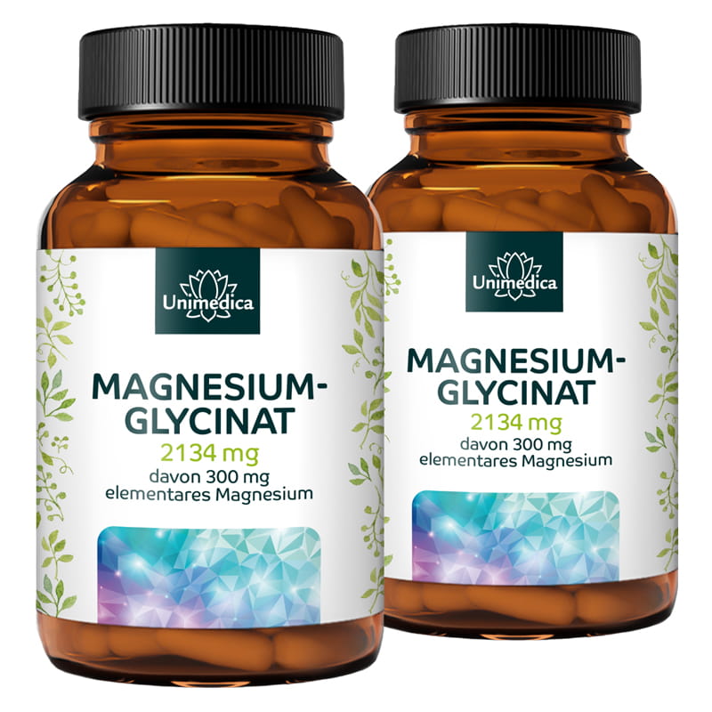 Lot de 2: Glycinate de magnésium - avec 300 mg de magnésium pur par dose journalière - 2 x 180 gélules - par Unimedica