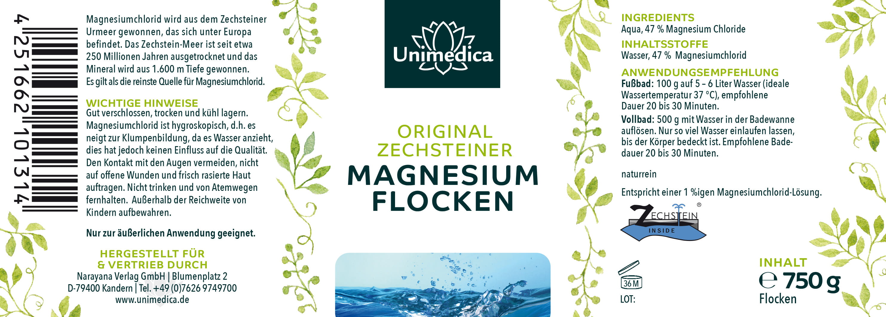 Magnesiumflocken Original Zechsteiner - 100 % naturrein - 750 g - von Unimedica