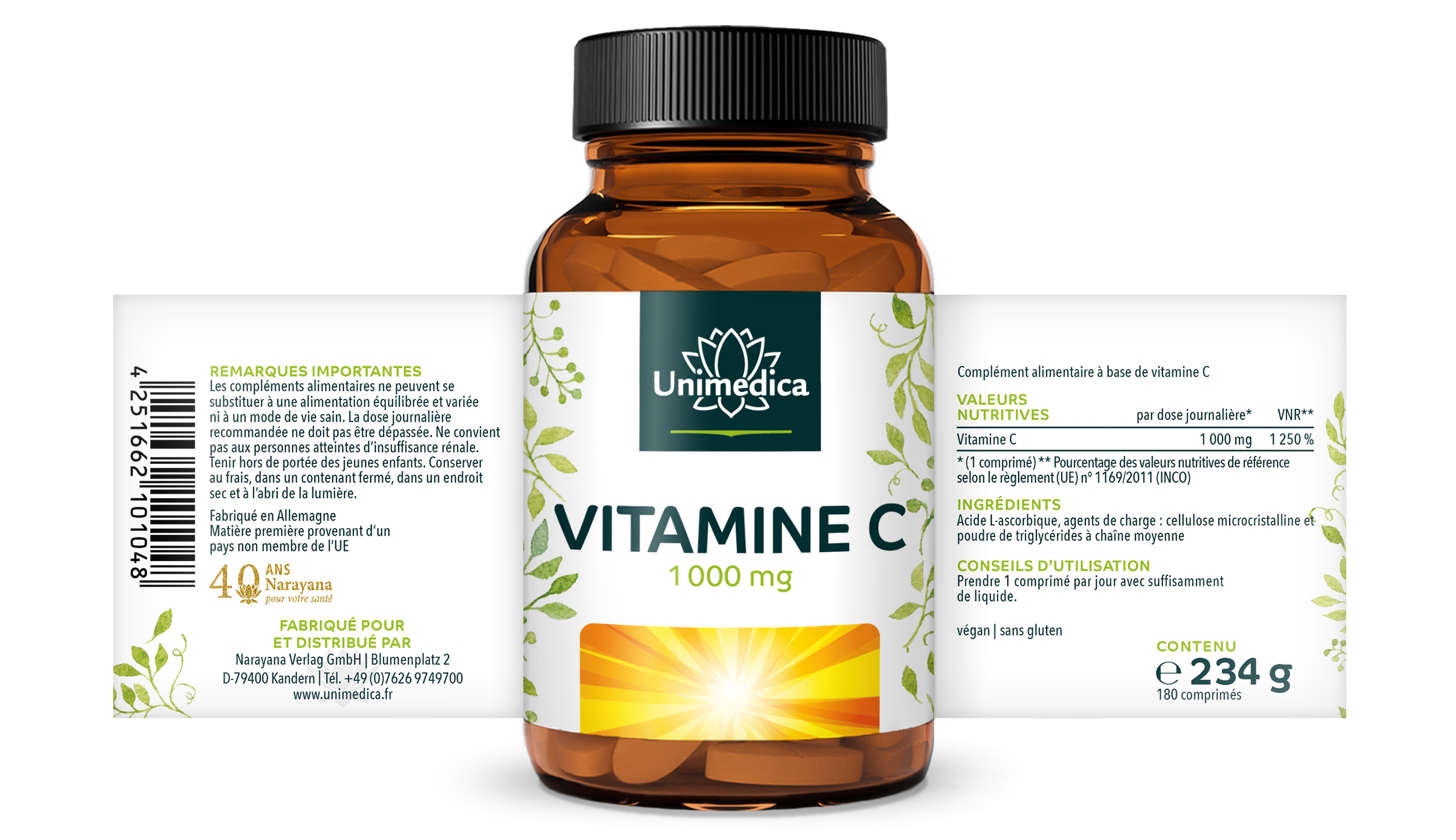 Vitamin C - 1000 mg pro Tagesdosis (1 Tablette) - 99 % Reinheit - hochdosiert - 180 Tabletten - von Unimedica