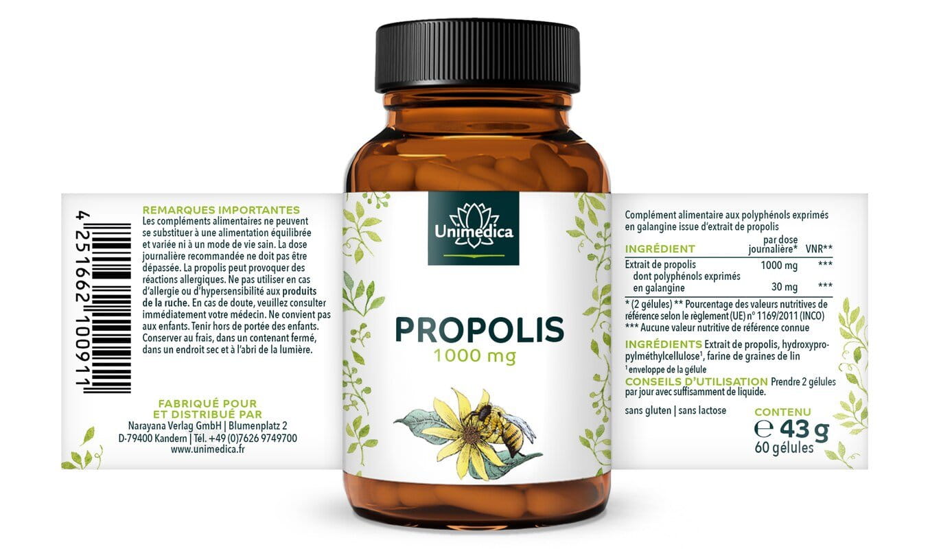 Gélules de propolis - 1 000 mg d'extrait de propolis par dose quotidienne (2 gélules) - 60 gélules - par Unimedica