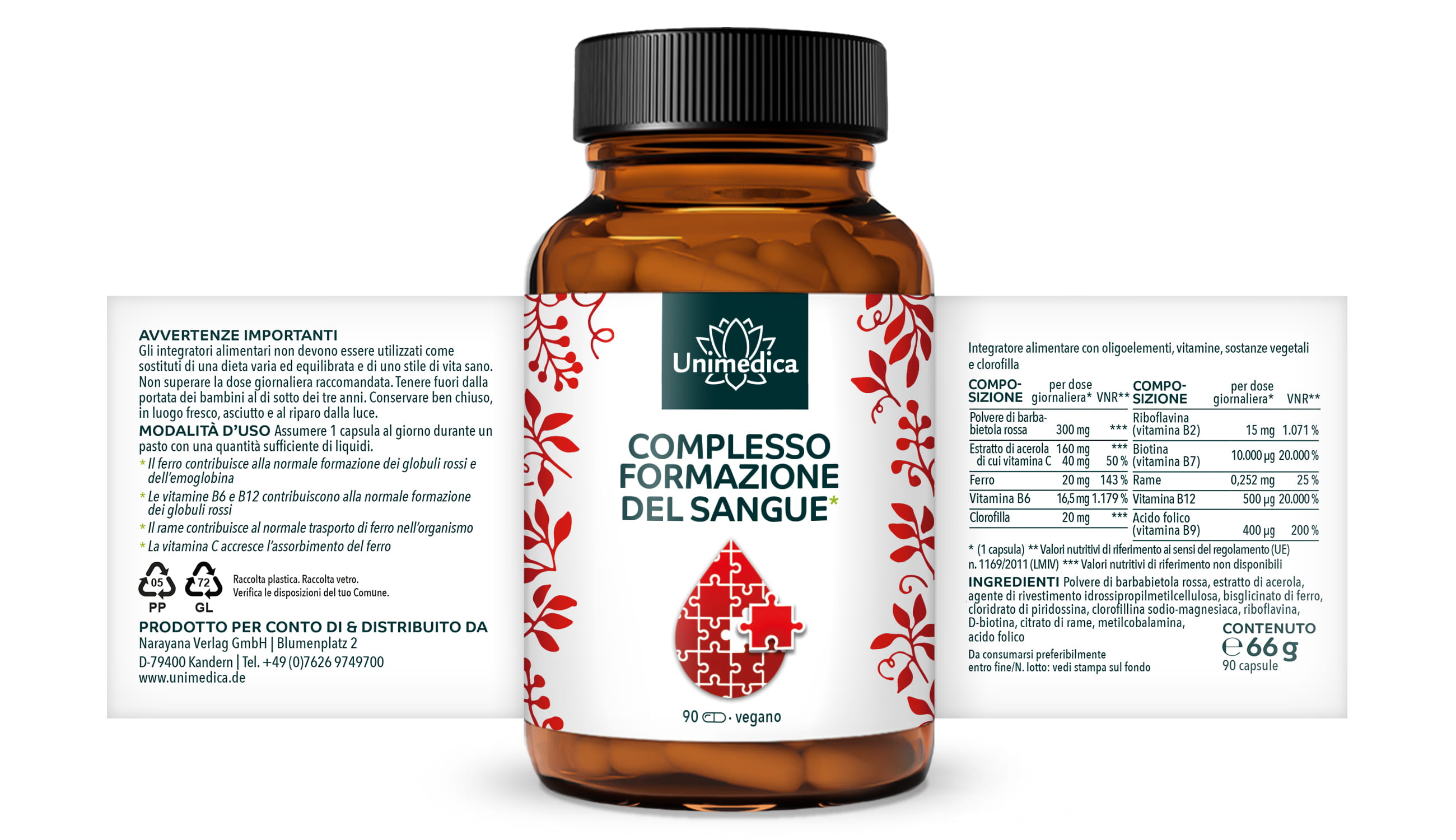 Complesso per la formazione del sangue* - con ferro, acerola, clorofilla, rame e vitamine - 90 capsule - di Unimedica