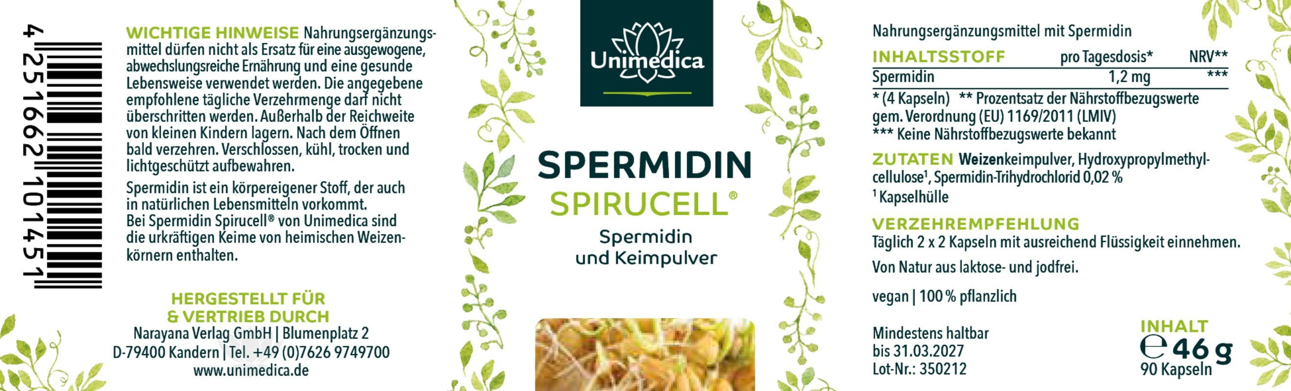 Spermidin Spirucell® - 1,2 mg pro Tagesdosis (4 Kapseln) - 90 Kapseln - von Unimedica
