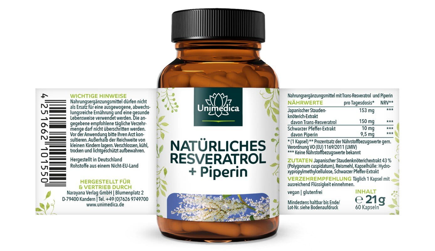 Natürliches Resveratrol + Piperin - 150 mg pro Tagesdosis (1 Kapsel) - mit 98 % Trans-Resveratrol aus Japanischem Staudenknöterich Extrakt - 60 Kapseln - von Unimedica
