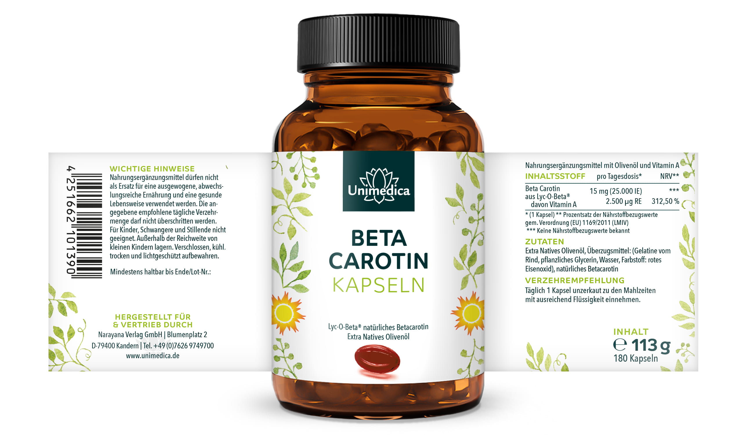 Beta Carotin - aus Lyc-O-Beta® - 15 mg - 25.000 IE pro Tagesdosis (1 Kapsel) - 180 Softgelkapseln - von Unimedica