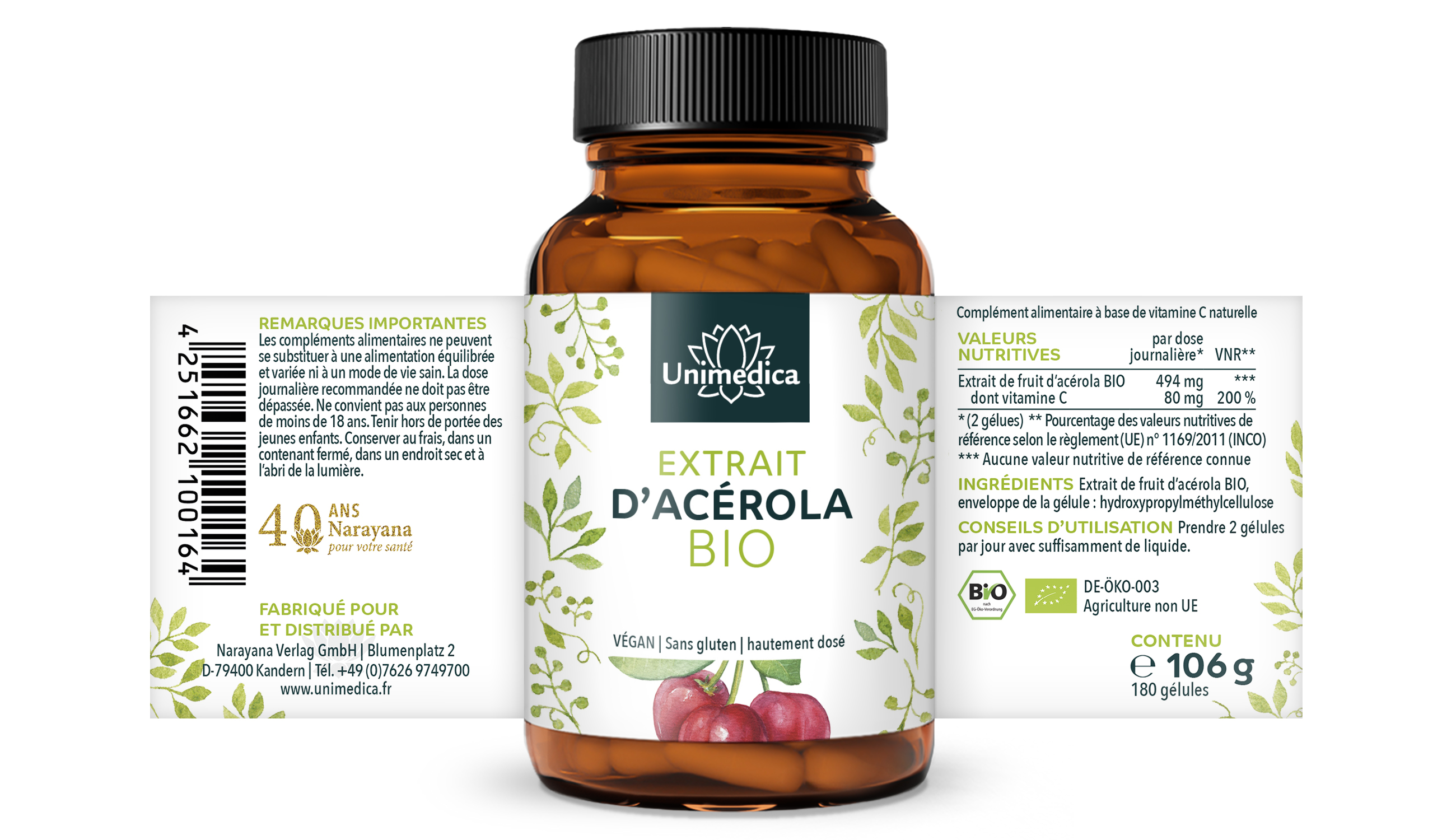 Extrait d'acérola bio - 180 gélules - 988 mg par dose journalière - Unimedica