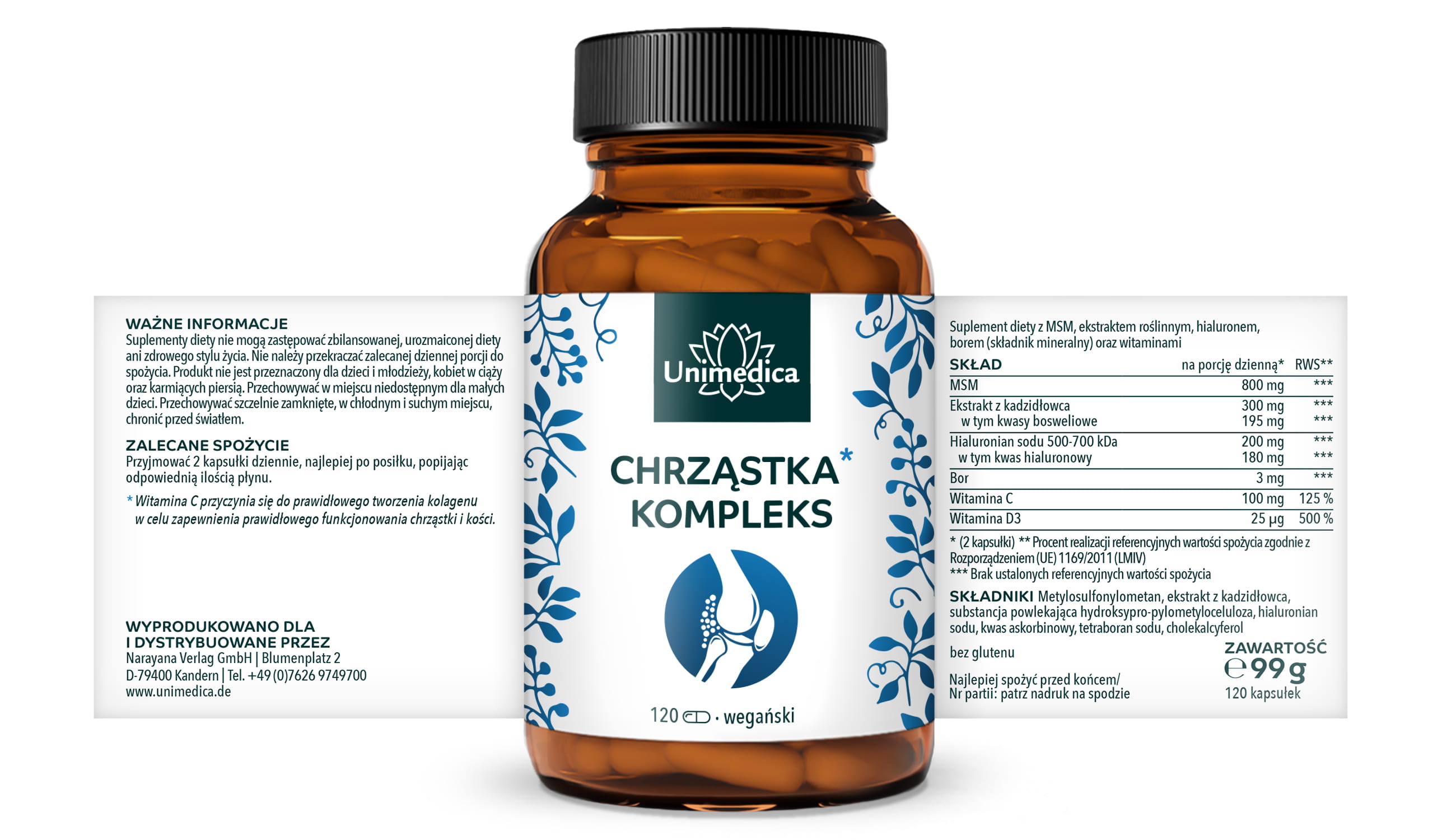 Kompleks chrząstki* - z MSM + kadzidłowcem + kwasem hialuronowym + borem + witaminami - 120 kapsułek - od Unimedica