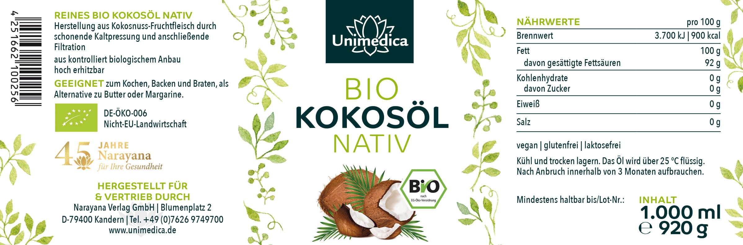 Huile de noix de coco biologique - 1 000 ml - Unimedica