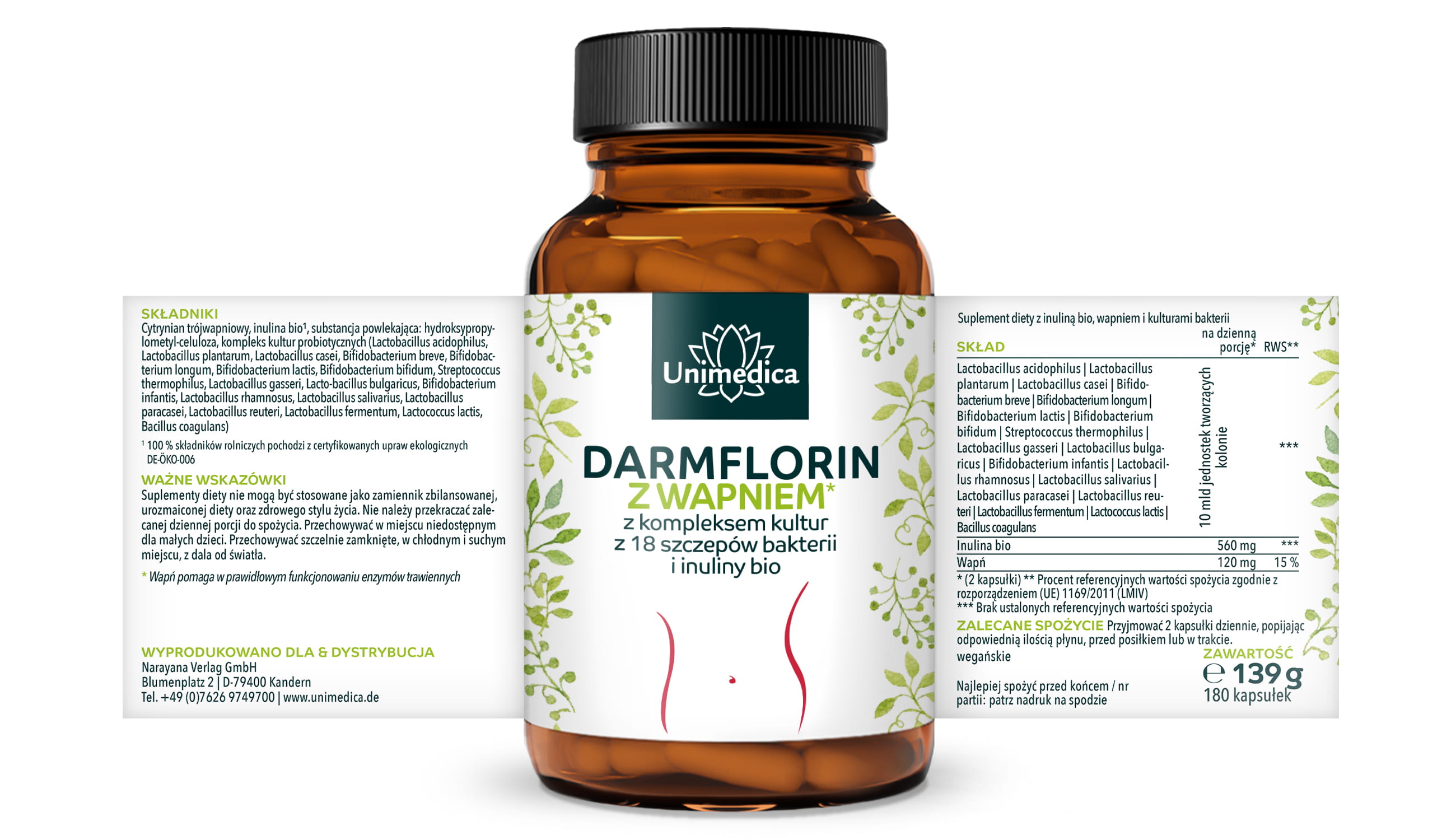 Darmflorin z wapniem* - kompleks kultur z 18 szczepów bakterii i bio-inuliną - 180 kapsułek - od Unimedica
