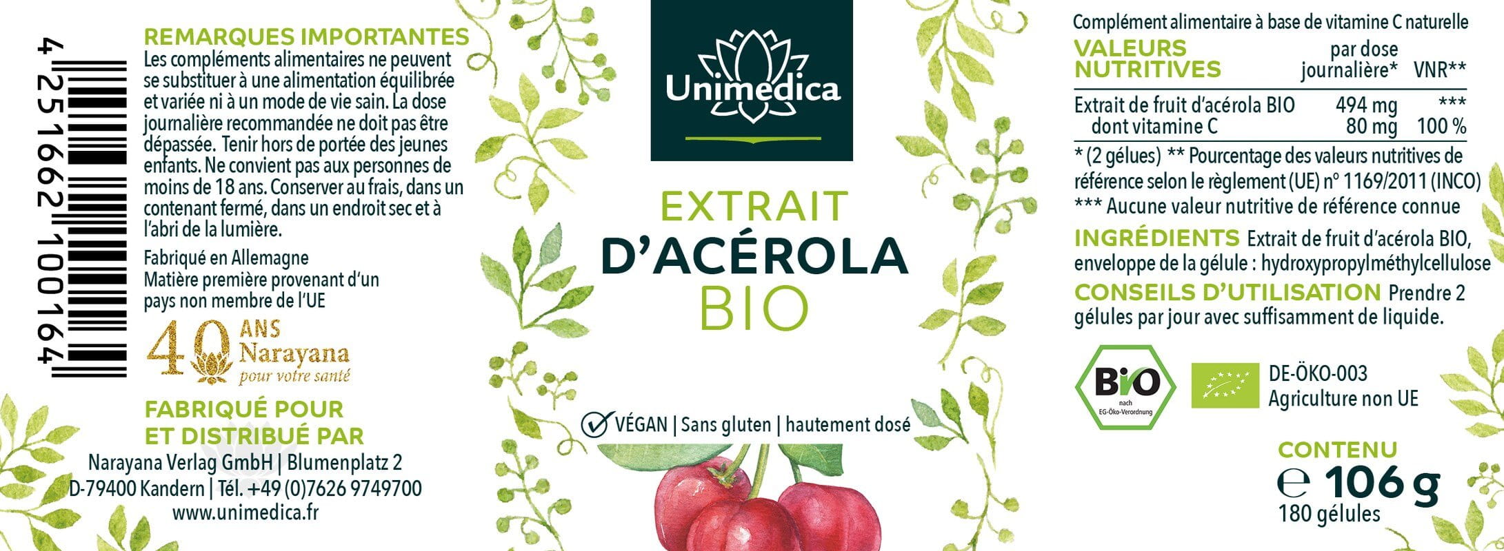 Lot de 2: Extrait d'acérola bio - 2 x 180 gélules - 988 mg par dose journalière - Unimedica