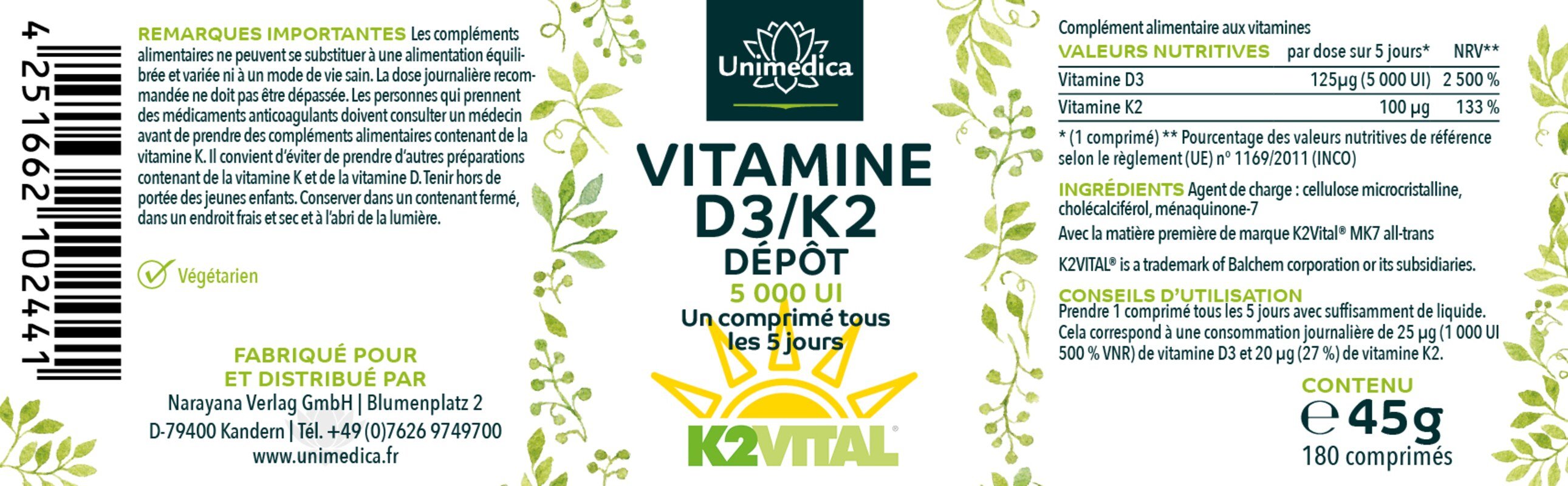 Lot: Gouttes de vitamines A - 1500 µg / 5000 UI hautement dosé ET Vitamine D3/K2 5 000 UI 125 µg D3 et 100 µg K2 par dose journalière - par Unimedica