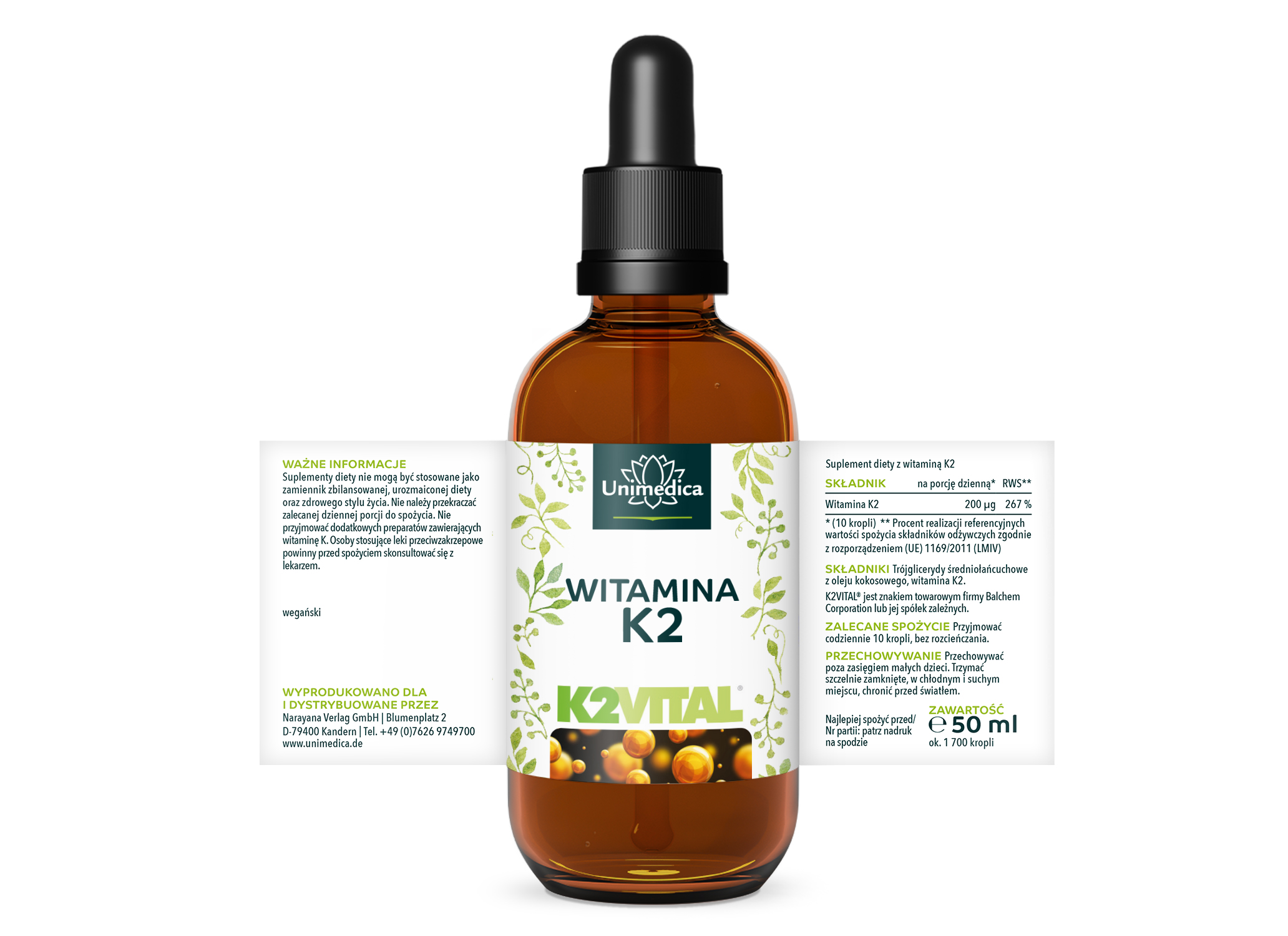 Krople witaminy K2 - K2Vital - 200 µg na dawkę dzienną (10 kropli) - MK7 all-trans - z Norwegii - wysokodawkowy - 50 ml - od Unimedica