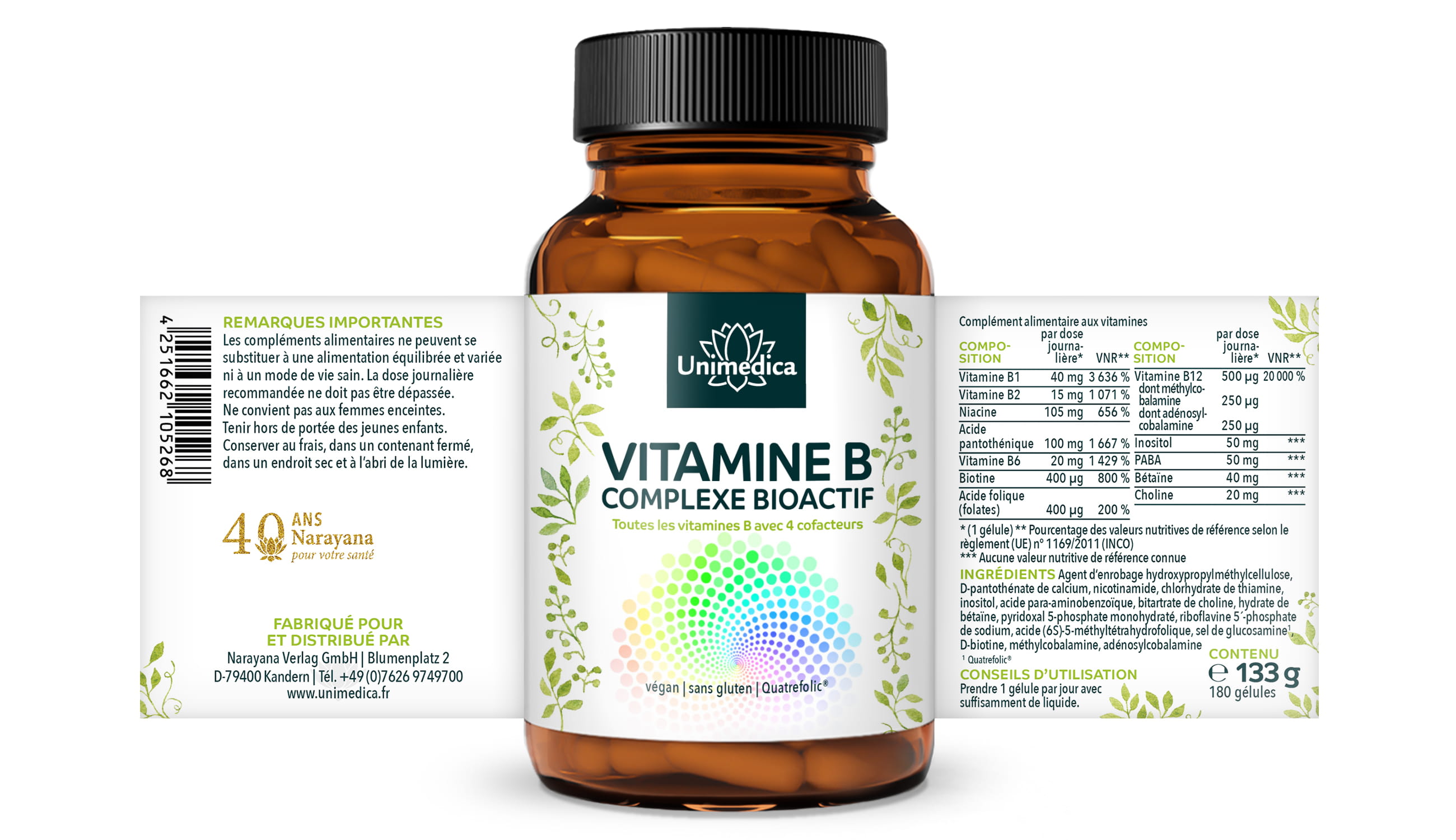 Complexe vitamine B  bioactif  avec 4 cofacteurs  hautement dosé  180 gélules  par Unimedica
