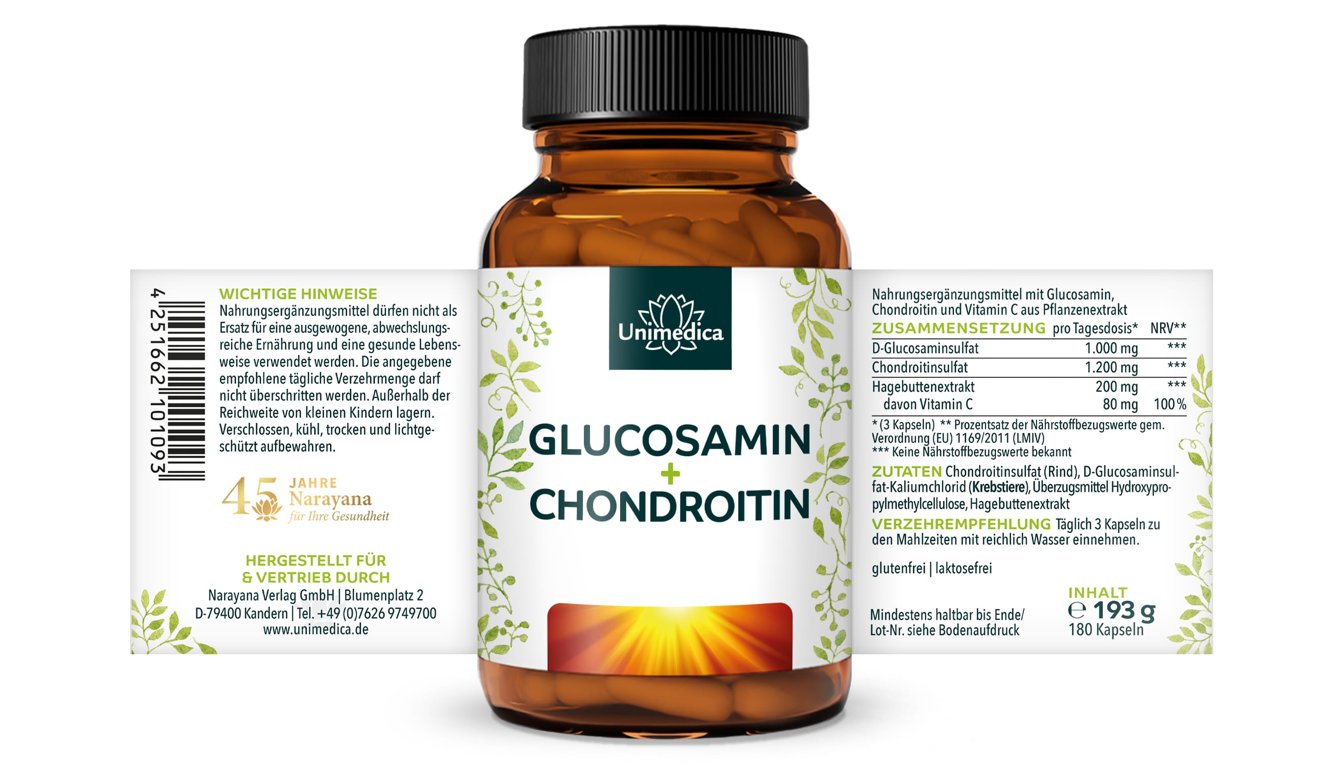 Glucosamin + Chondroitin - hochdosiert - 180 Kapseln - von Unimedica