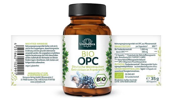 2er-Sparset: Bio OPC - mit 30 % reinem OPC Gehalt - 300 mg OPC pro Tagesdosis (2 Kapseln) - 2 x 60 Kapseln - von Unimedica