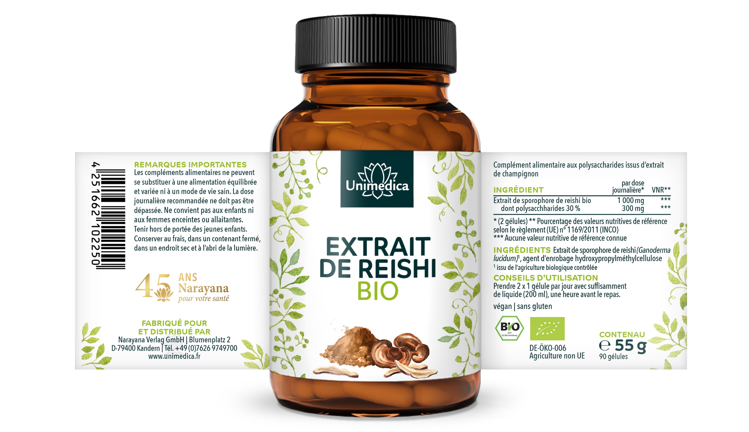 Lot de 2: Reishi BIO - 1000 mg en dose quotidienne (2 gélules)  extrait de reishi avec 30 % de polysaccharides - 2 x 90 gélules - par Unimedica
