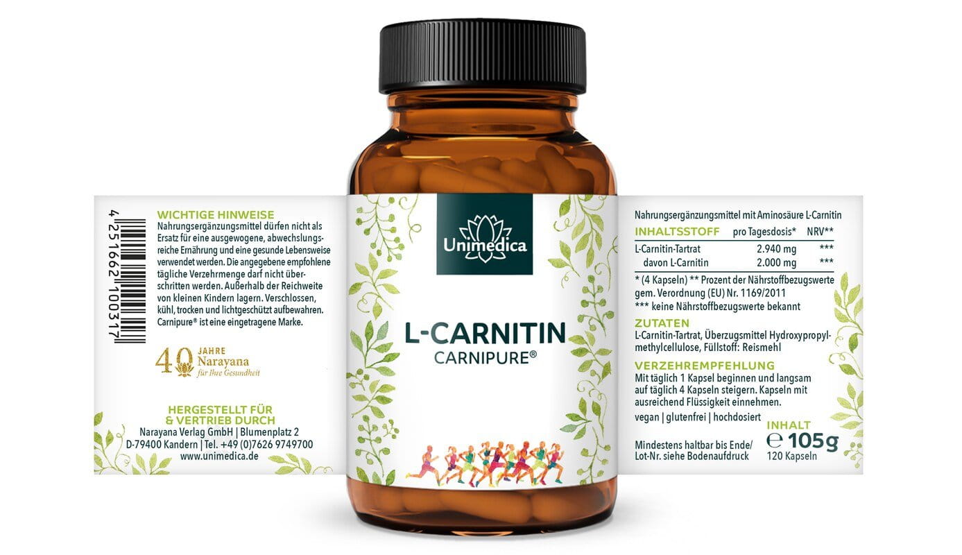 L-Carnitin (Carnipure) - 2.000 mg pro Tagesdosis (4 Kapseln) - 120 Kapseln - von Unimedica, Nahrungsergnzungsmittel mit 500 mg reinem L-Carnitin - Narayana Verlag L-Carnitin (Carnipure) - 2.000 mg pro Tagesdosis (4 Kapseln) - 120 Kapseln - von Unimedica, Nahrungsergnzungsmittel mit 500 mg reinem L-Carnitin - Narayana Verlag